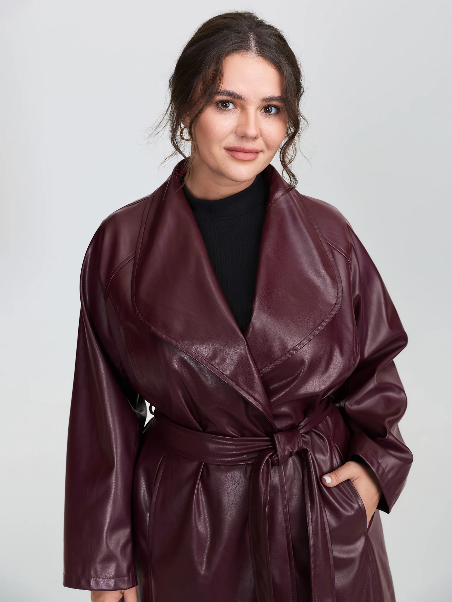 Artificial Leather Belted Waist Long Coat - Image 2