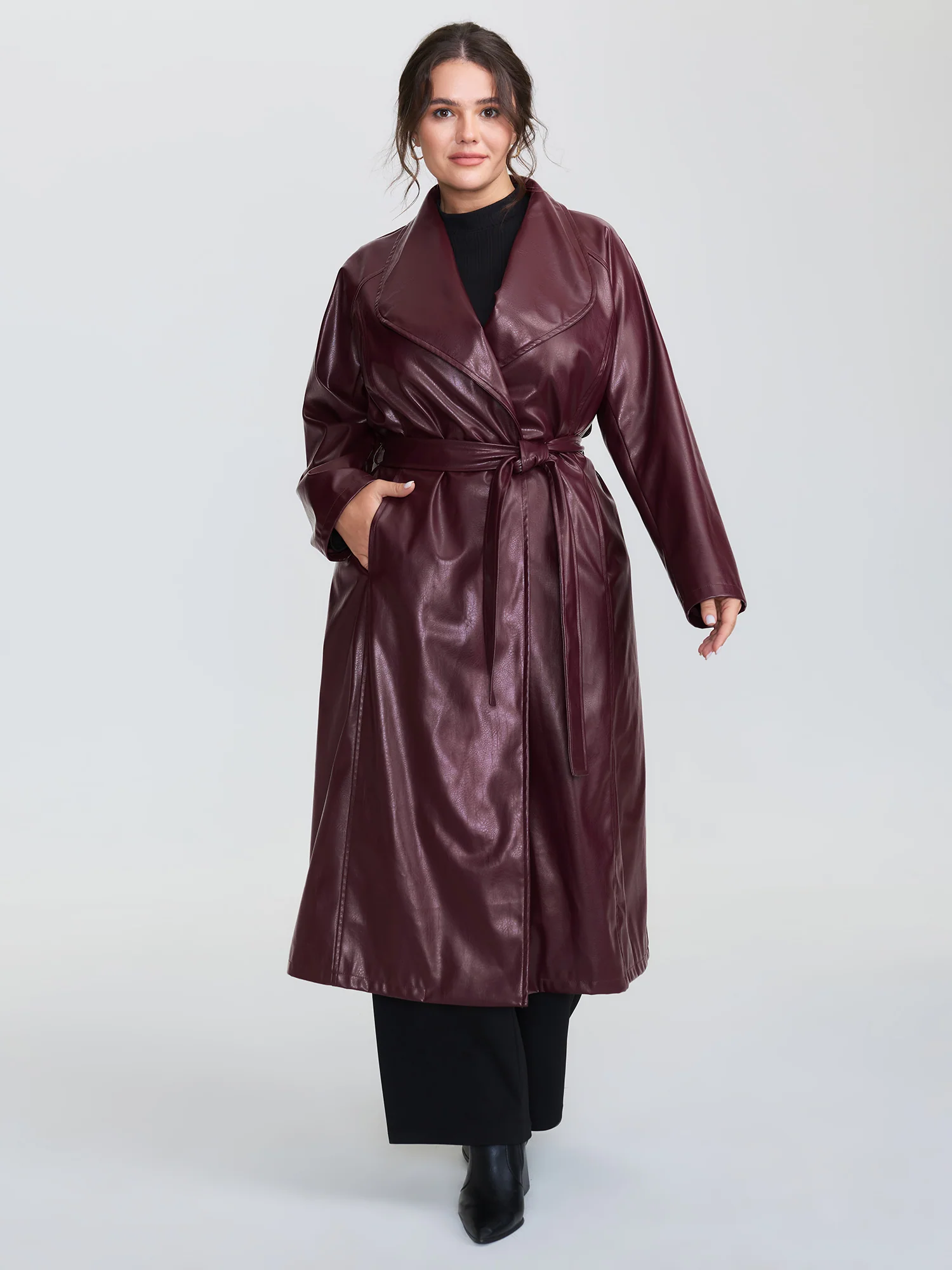 Artificial Leather Belted Waist Long Coat - Image 3