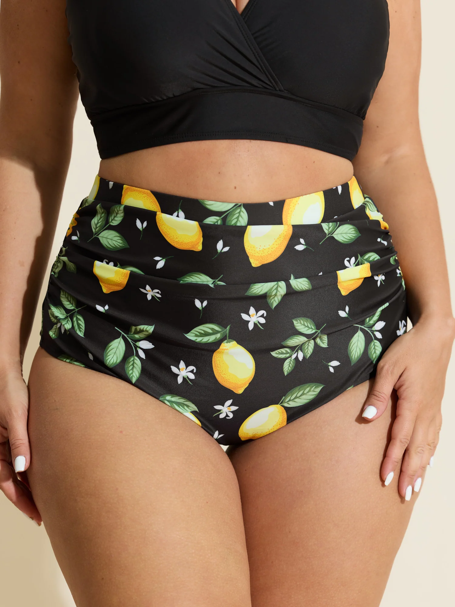 Lemon Print Pleated Tummy-Control Bikini Bottoms