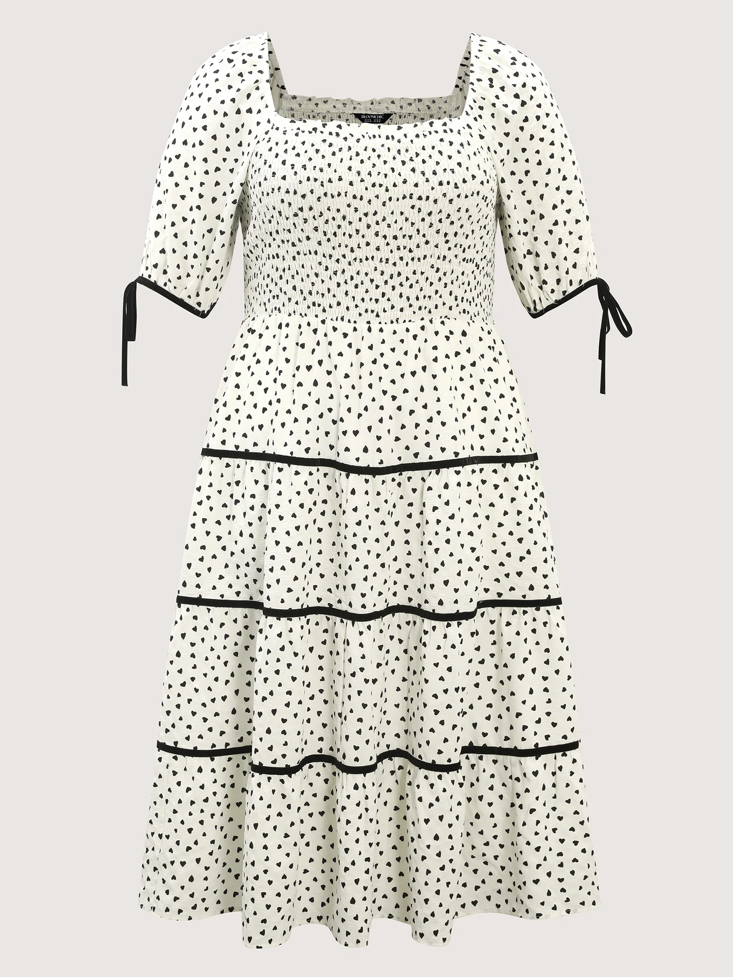 Little Heart Print Shirred Contrast Tie Midi Dress - Image 8