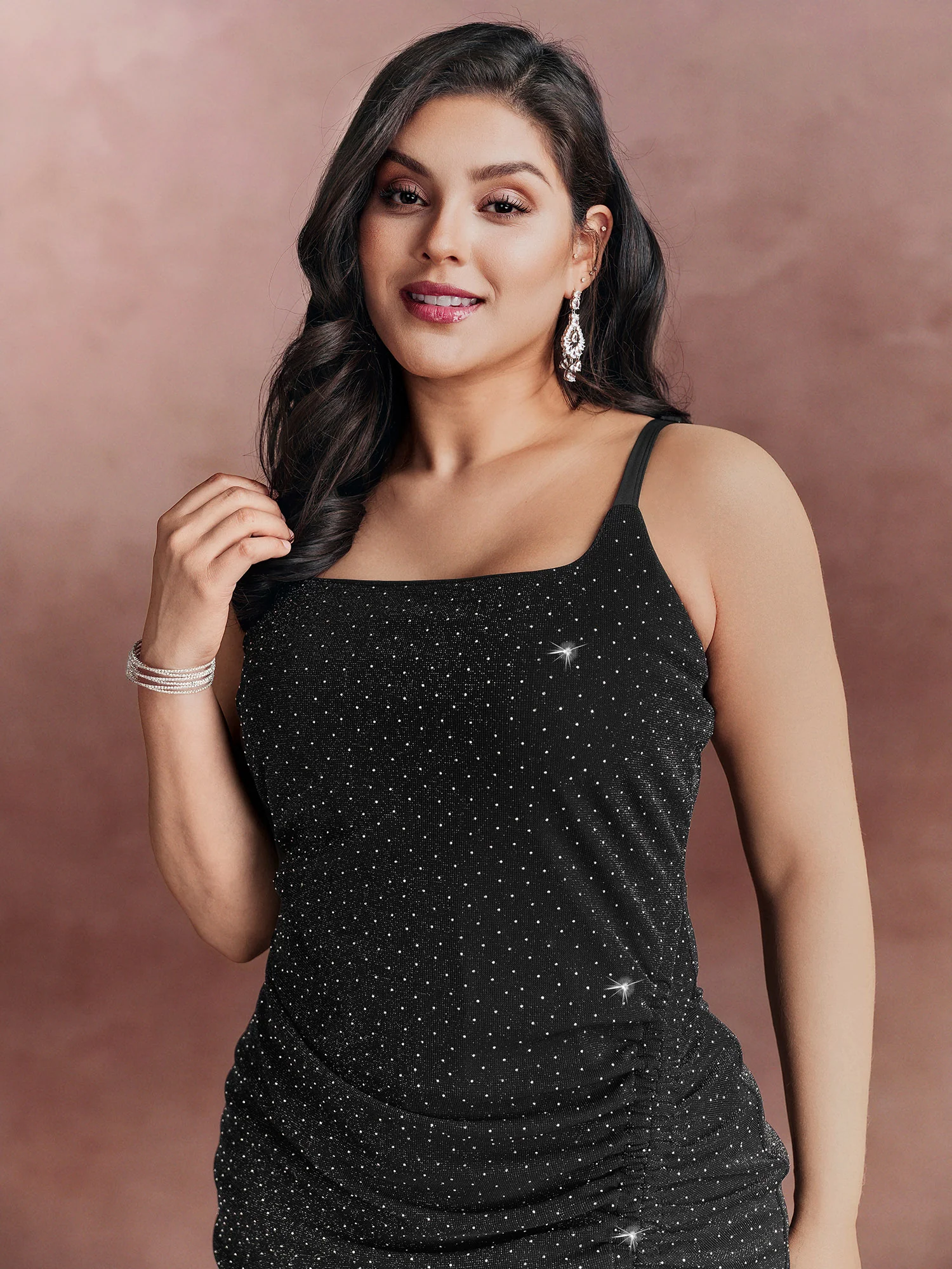 Mesh Rhinestone Padded Underwear Detail Midi Dress - Image 2