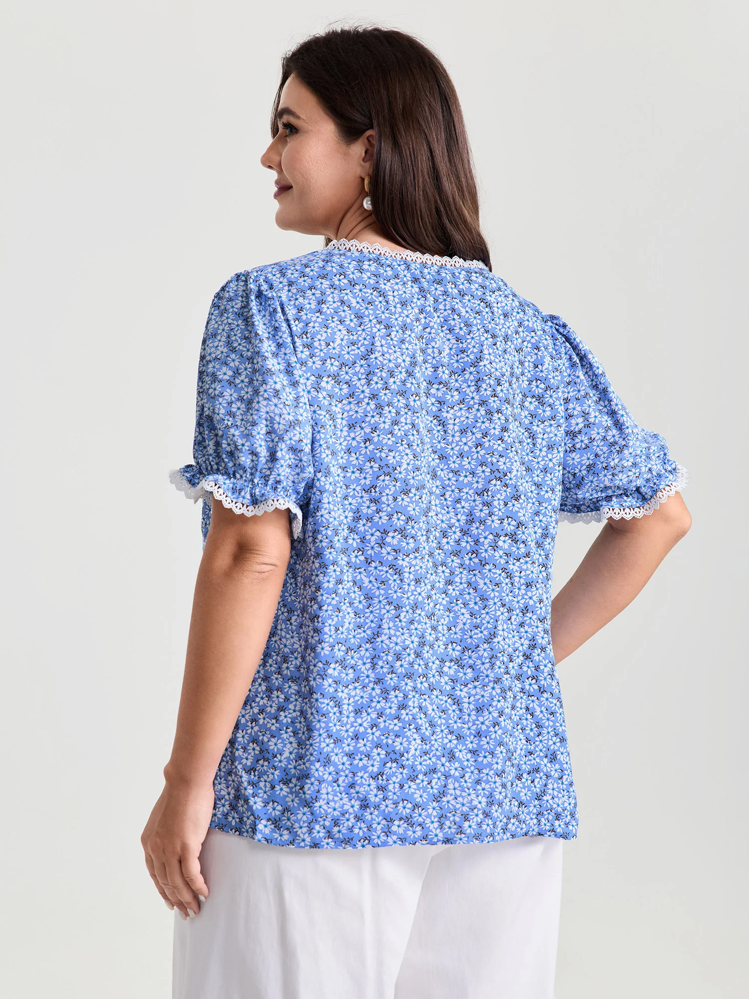 Micro Floral Print Lace Trim Blouse - Image 4