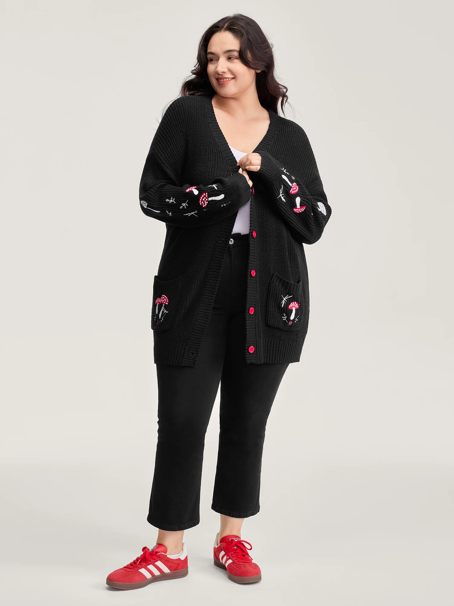 Mushroom Embroidery Textured Button Cardigan - Image 3