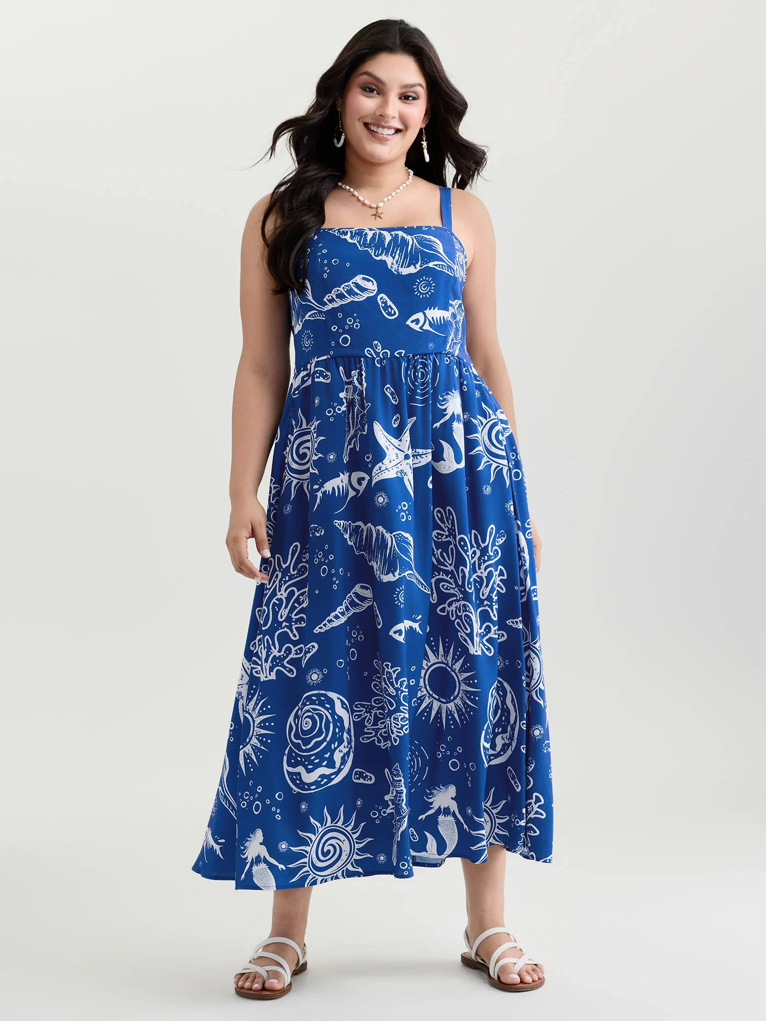 Ocean Print Shirred Adjustable Strap Maxi Dress - Image 3