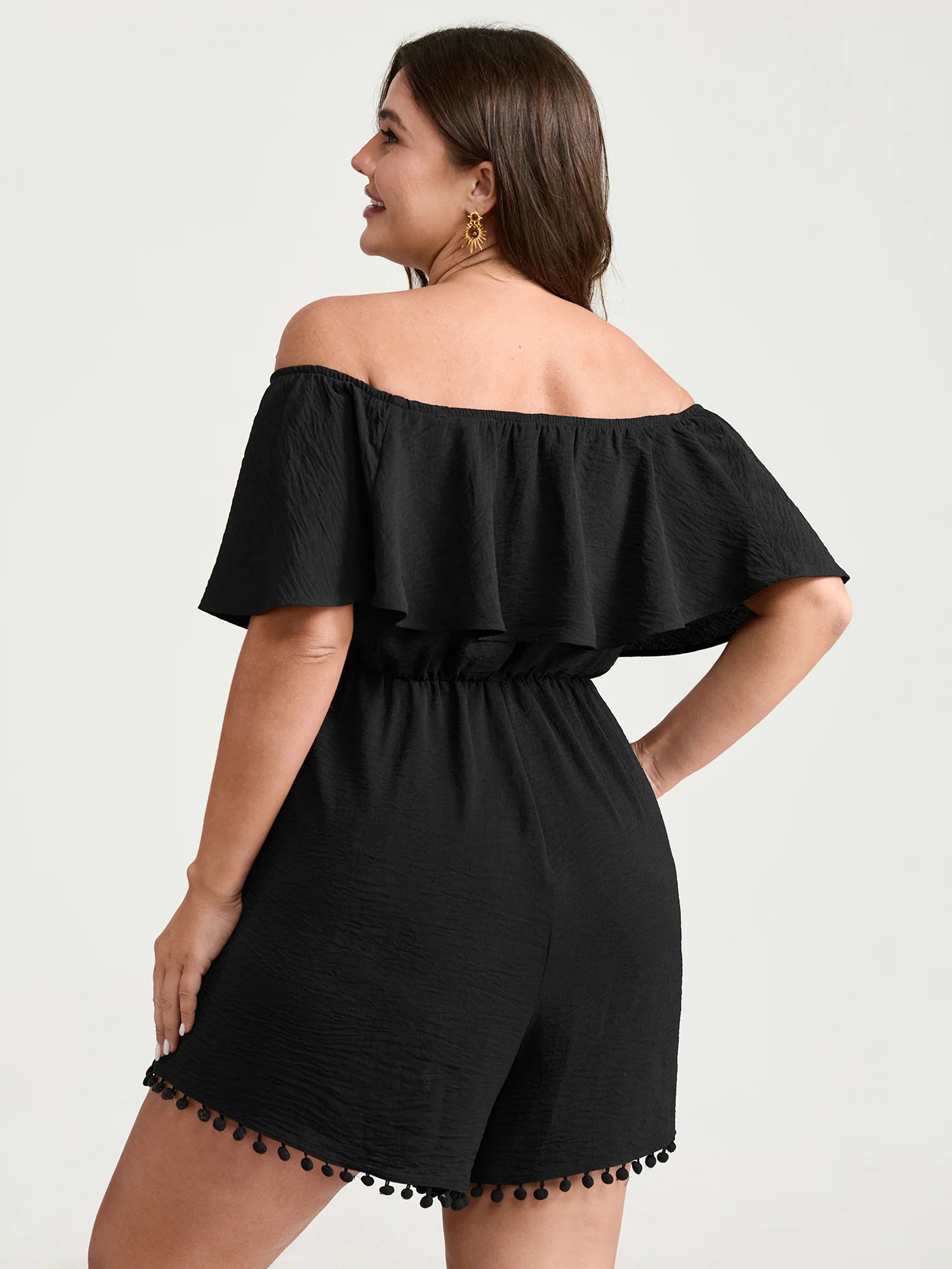 Off-Shoulder Tassel Hem Romper - Image 4