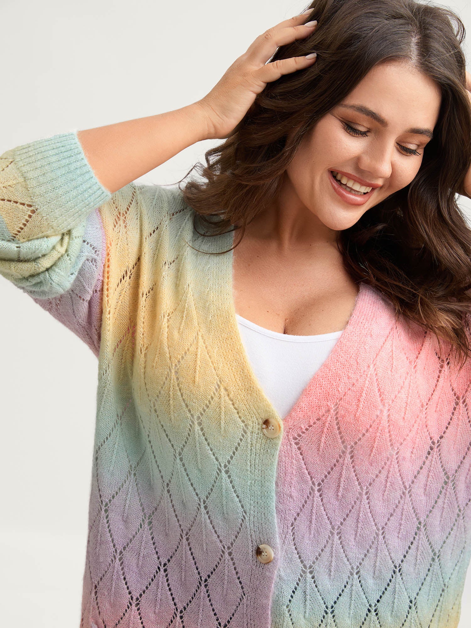 Ombre Gradient Eyelet Trim Knit Cardigan - Image 2