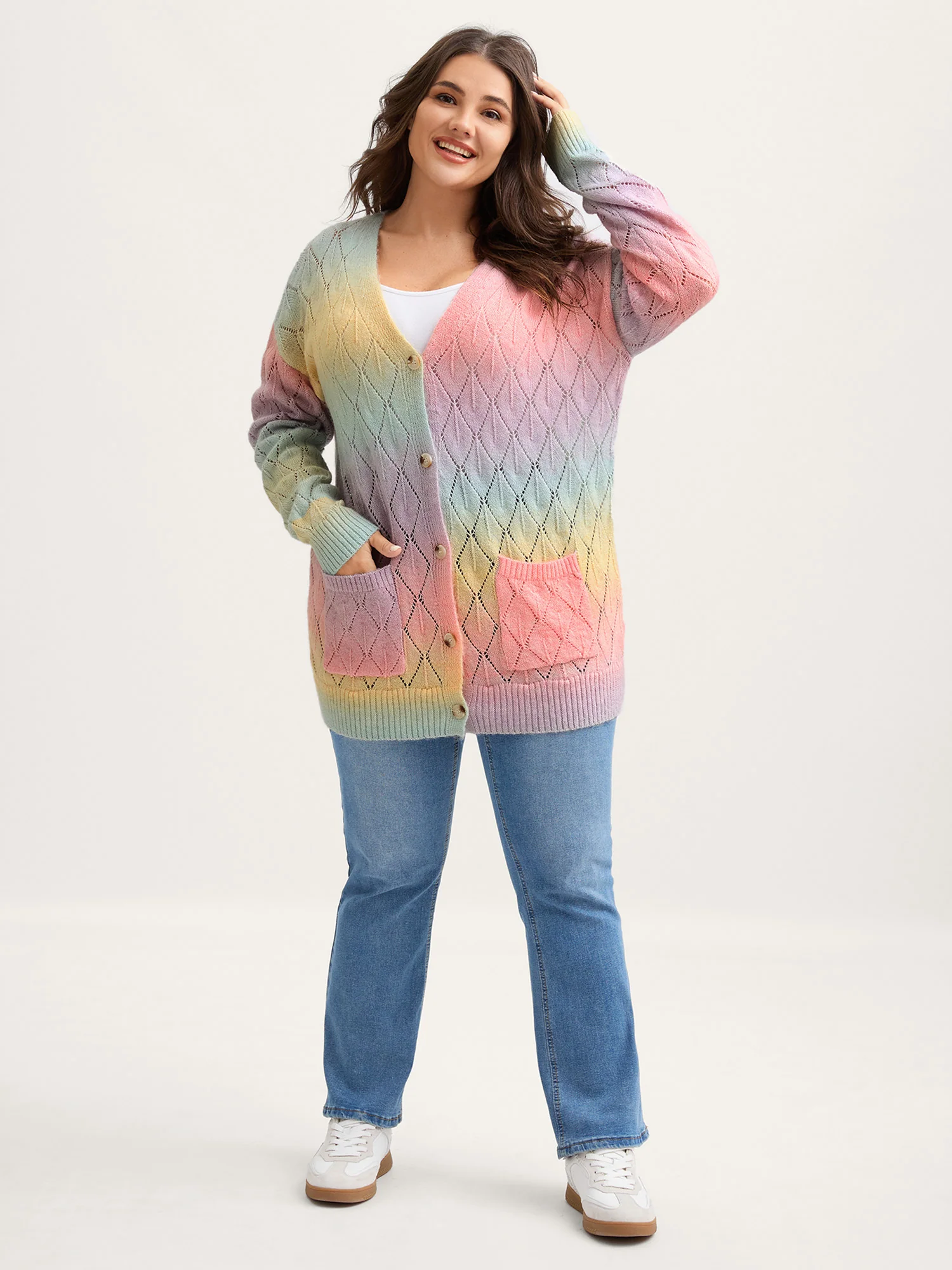 Ombre Gradient Eyelet Trim Knit Cardigan - Image 3