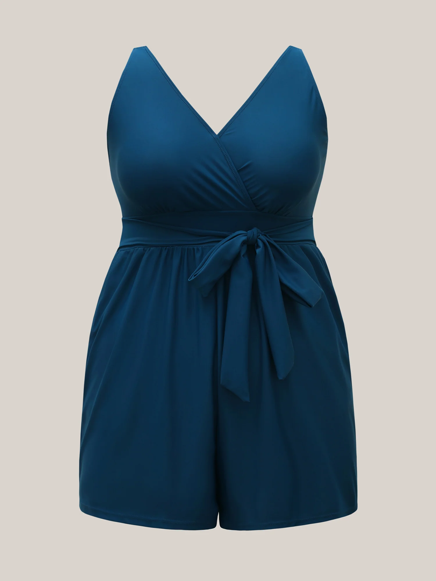 Surplice Neckline Belted Plain One-Piece Swimsuit - Image 16