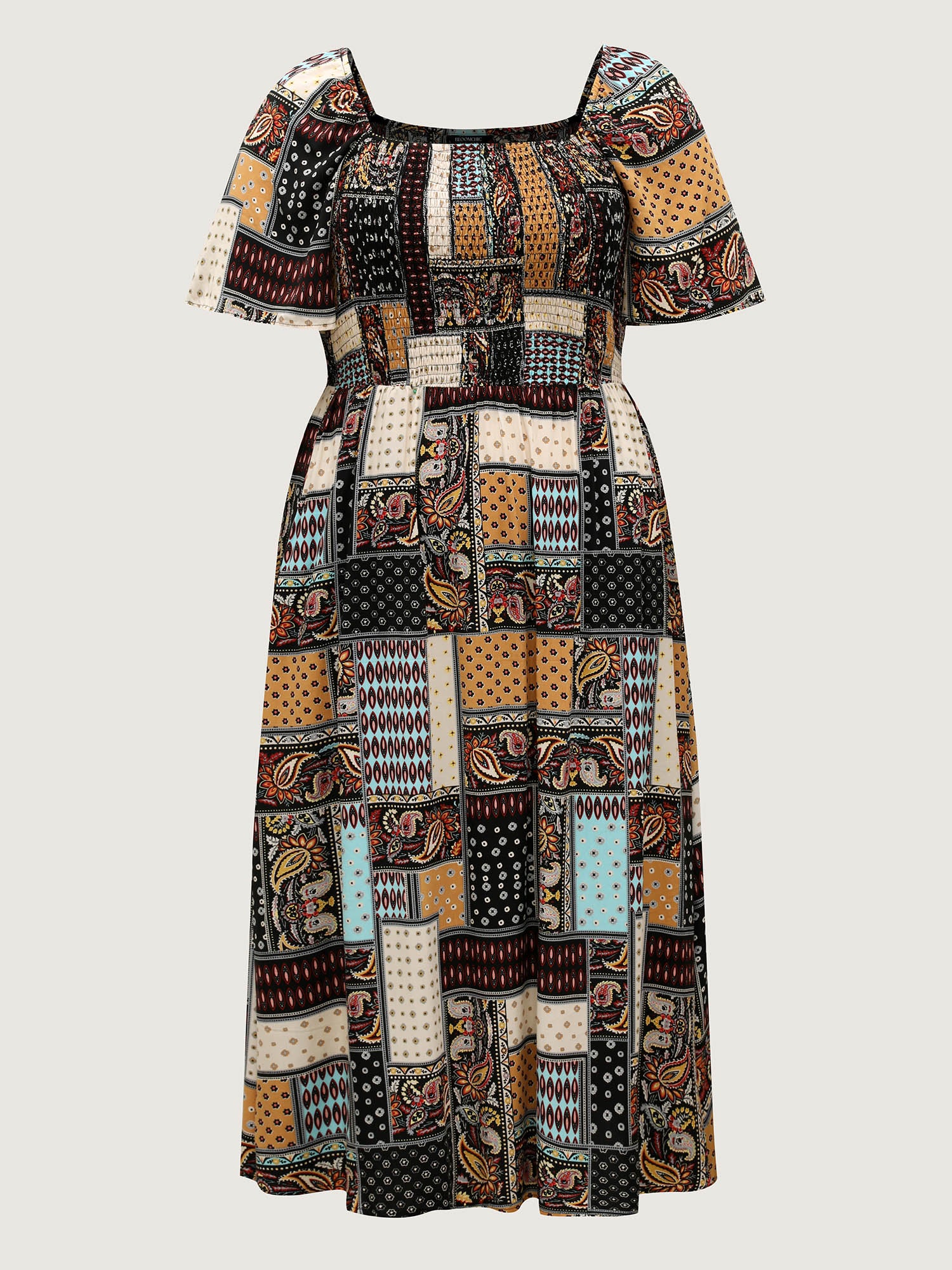 Paisley Floral Collage Shirred Pockets Midi Dress - Image 5