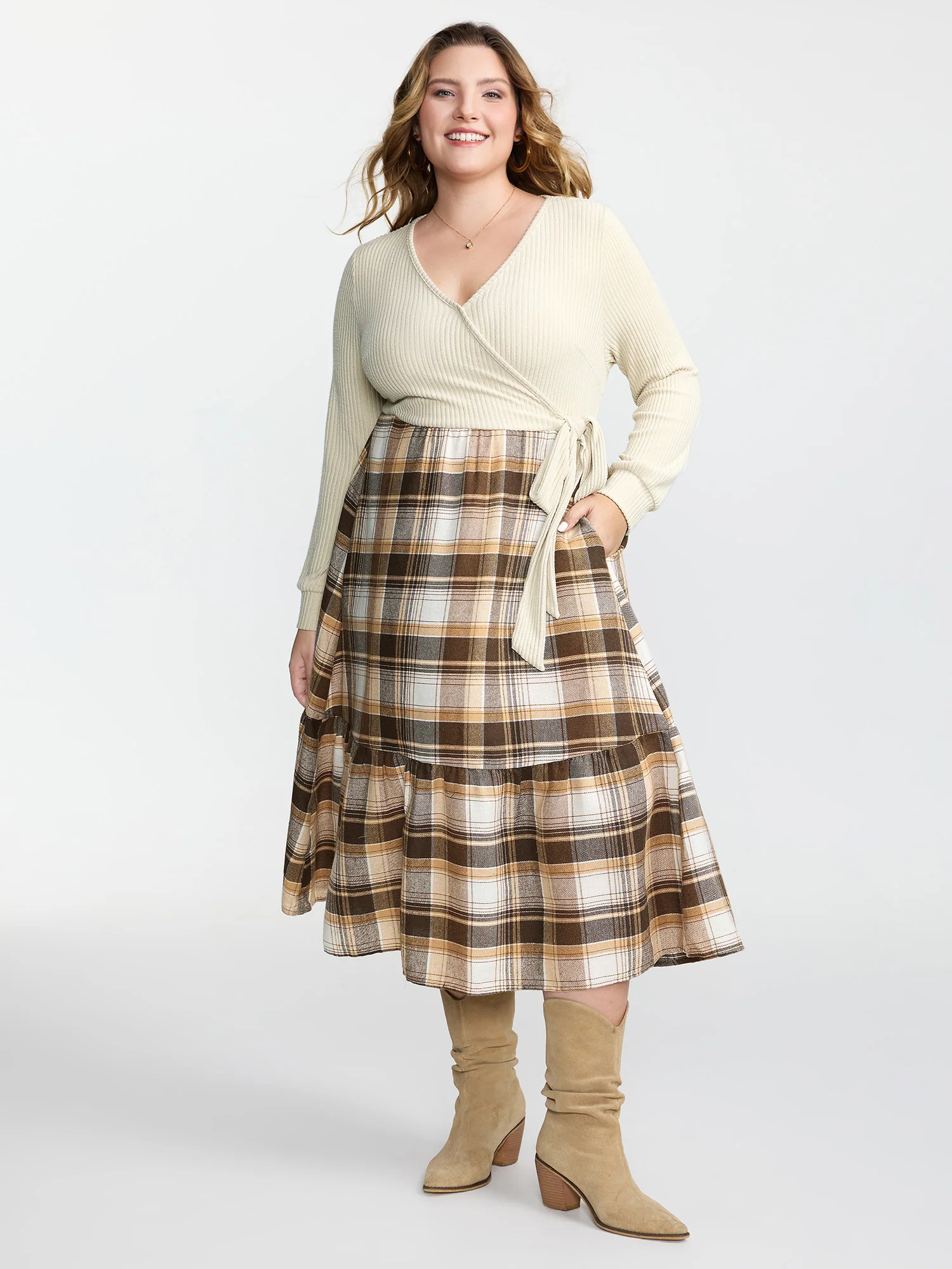 Plaid Contrast Wrap Neckline Midi Dress - Image 3