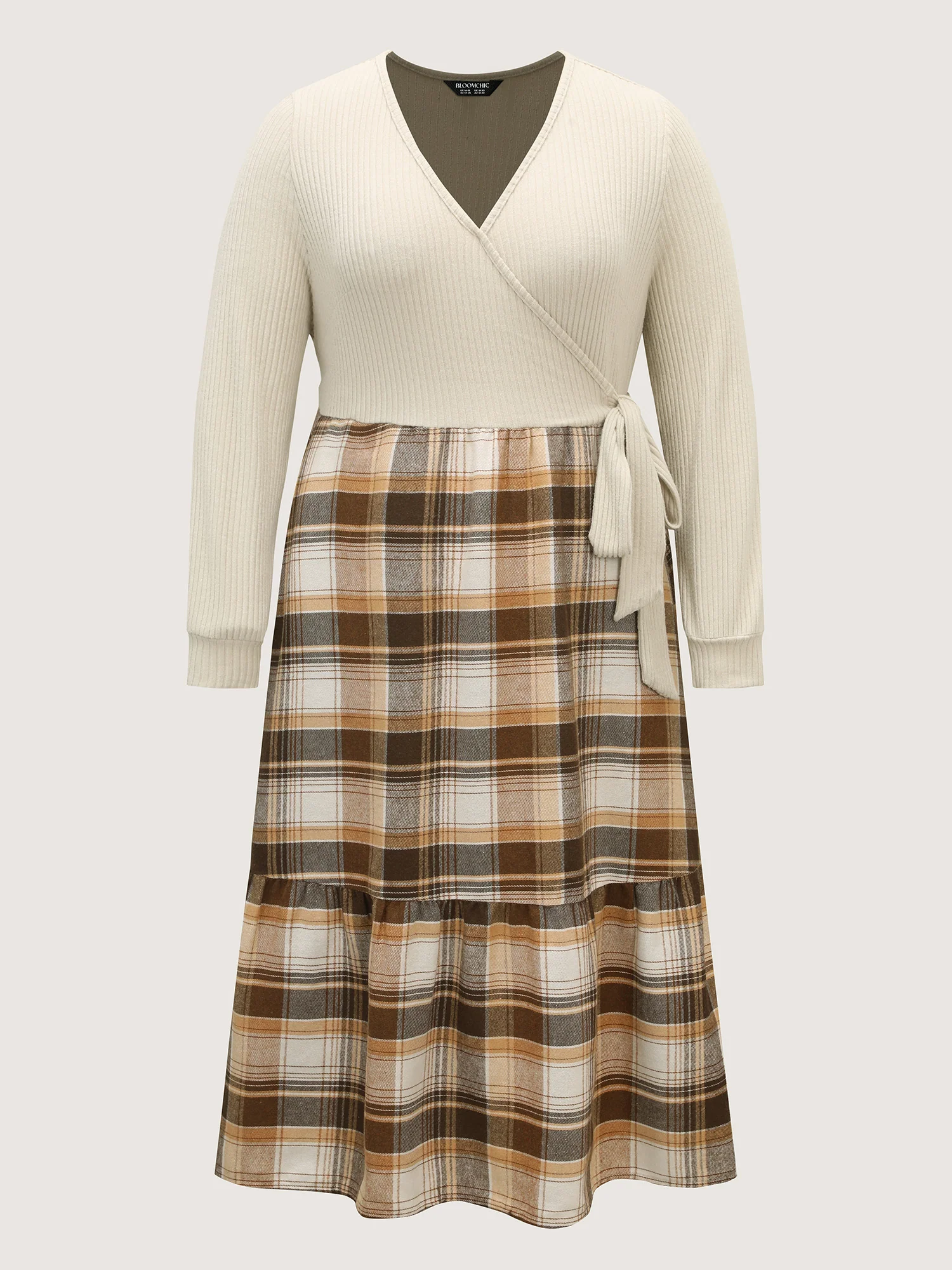 Plaid Contrast Wrap Neckline Midi Dress - Image 7