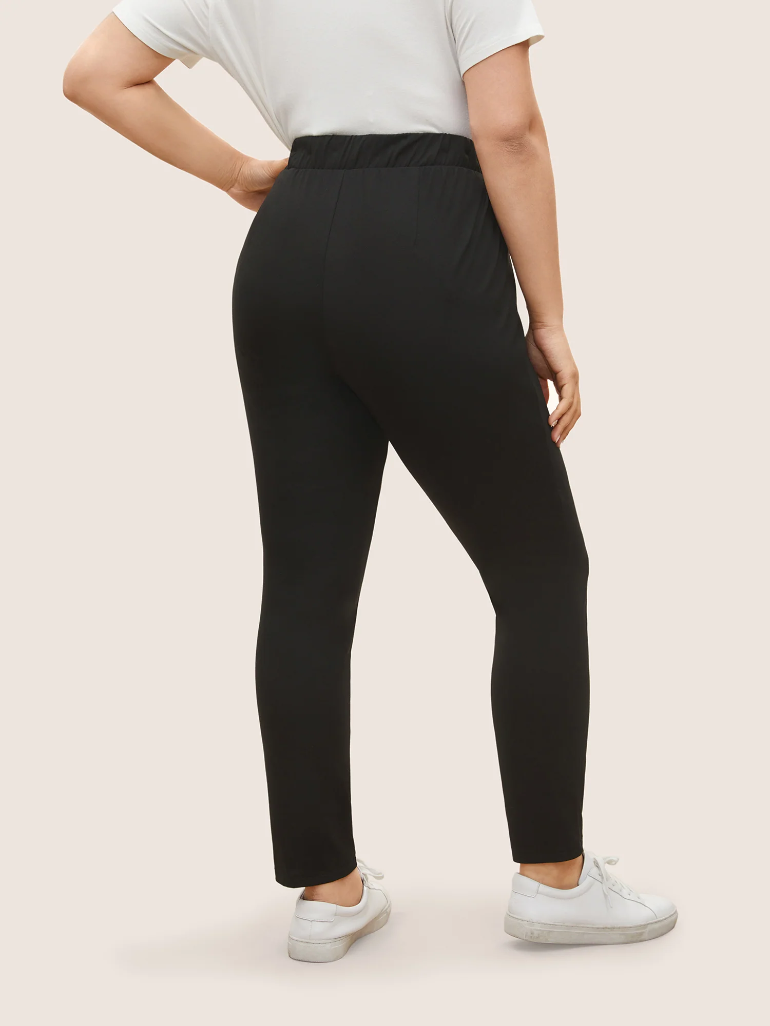 Plain Elastic Waist High Rise Slim Pants - Image 2