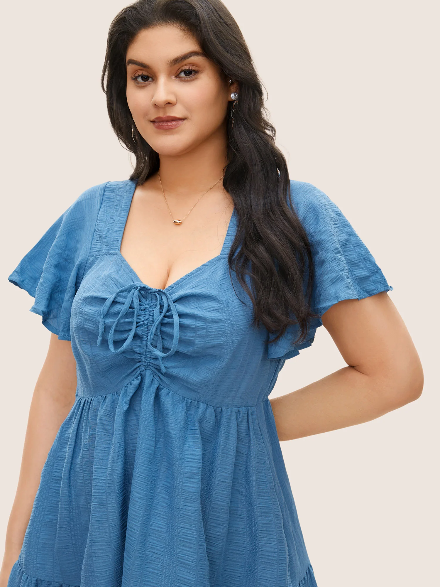 Plain Ruched Drawstring Pocket Ruffle Tiered Dress - Image 2