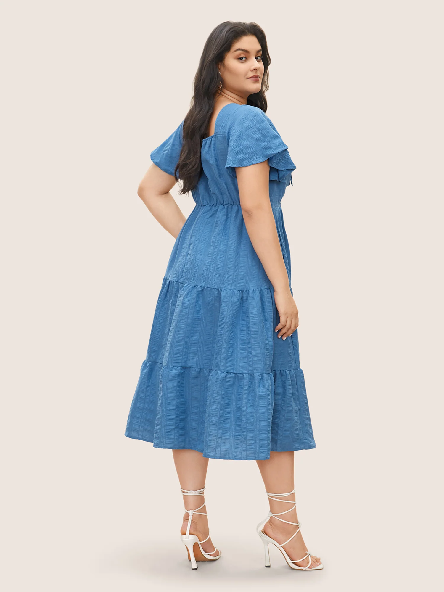 Plain Ruched Drawstring Pocket Ruffle Tiered Dress - Image 4