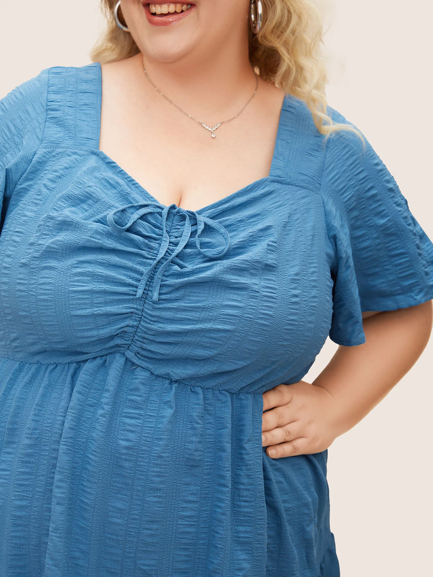 Plain Ruched Drawstring Pocket Ruffle Tiered Dress - Image 7