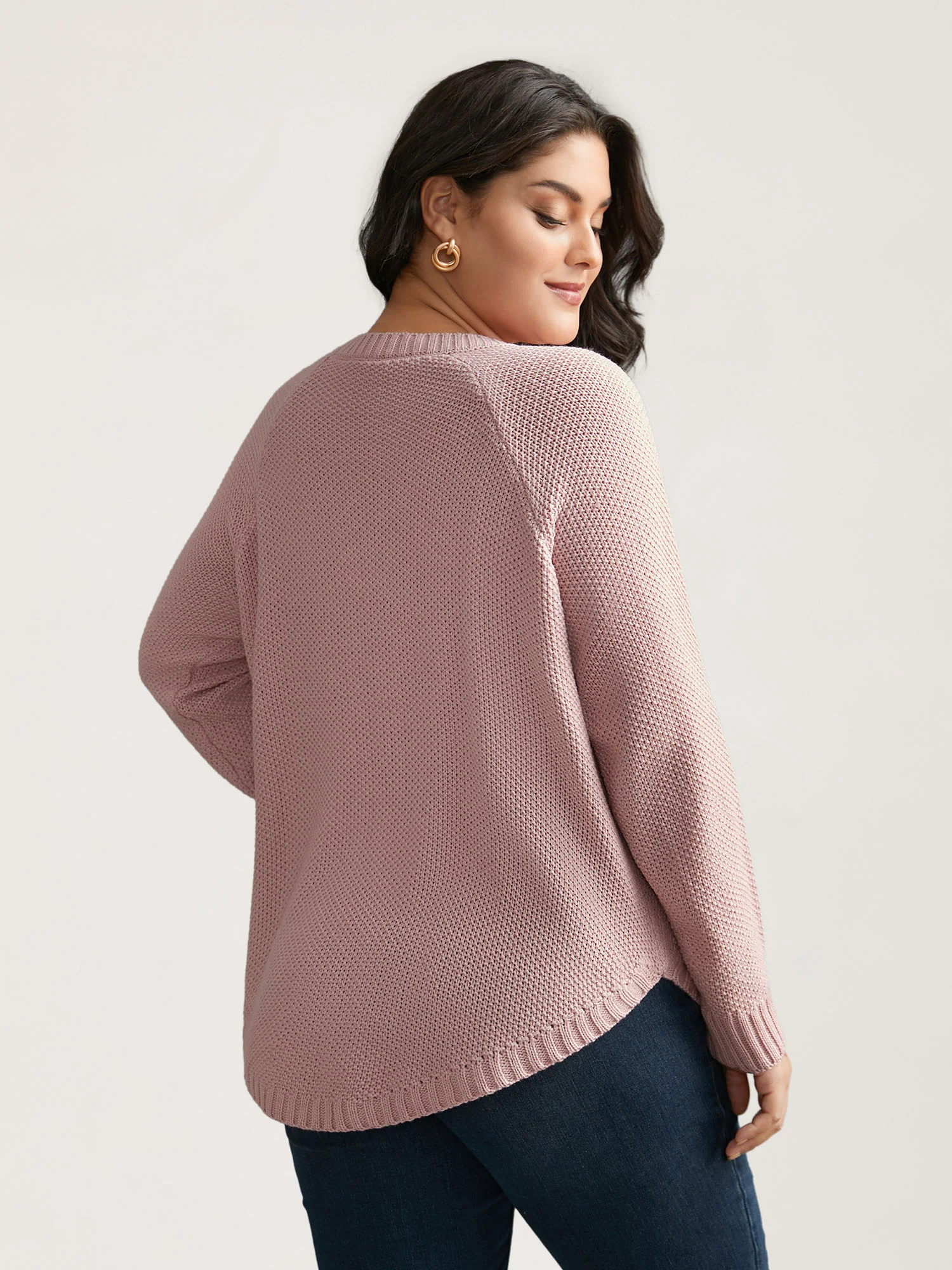 Plain Textured Button Detail Curved Hem Pullover - Image 2