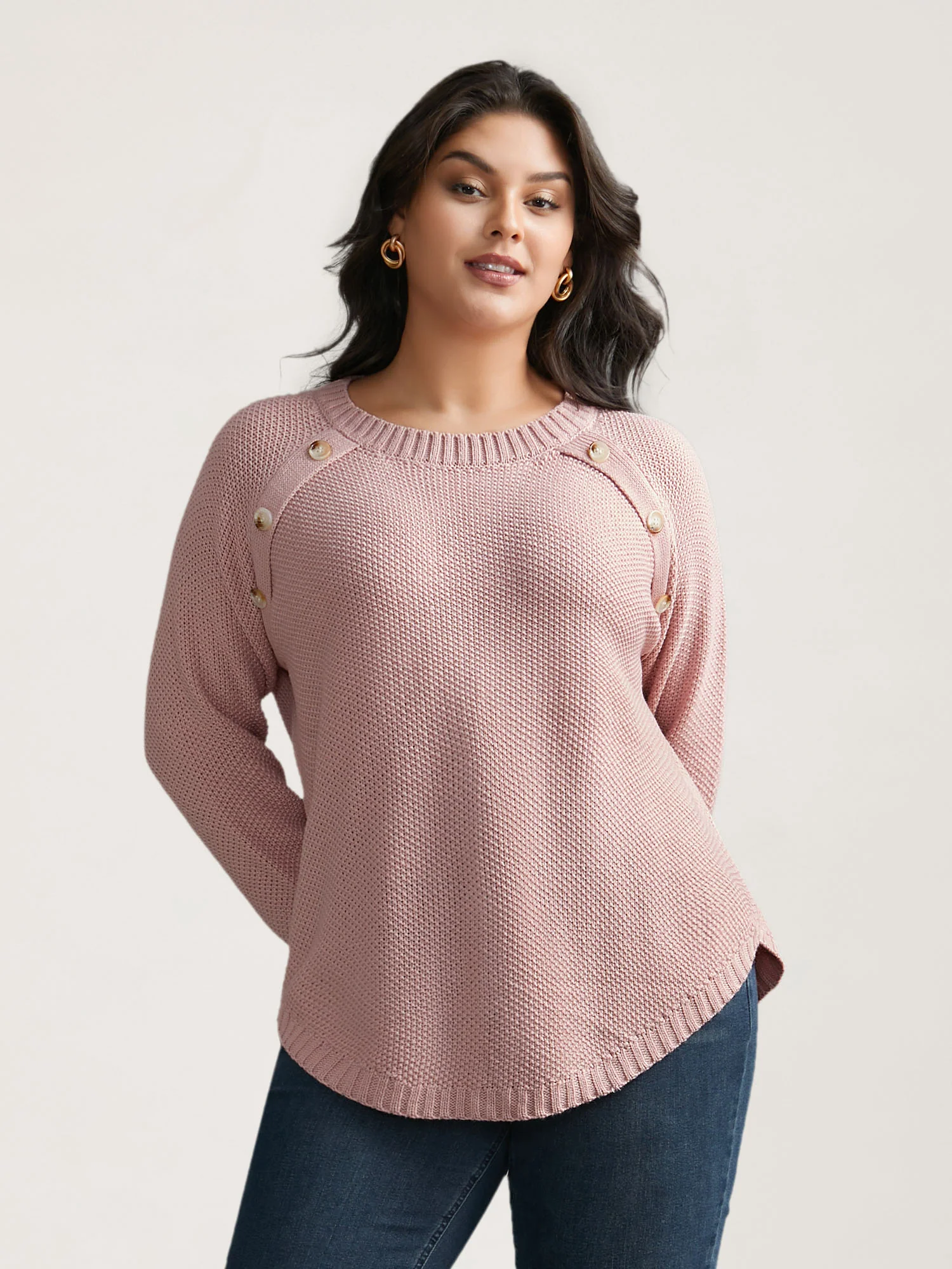 Plain Textured Button Detail Curved Hem Pullover - Image 4
