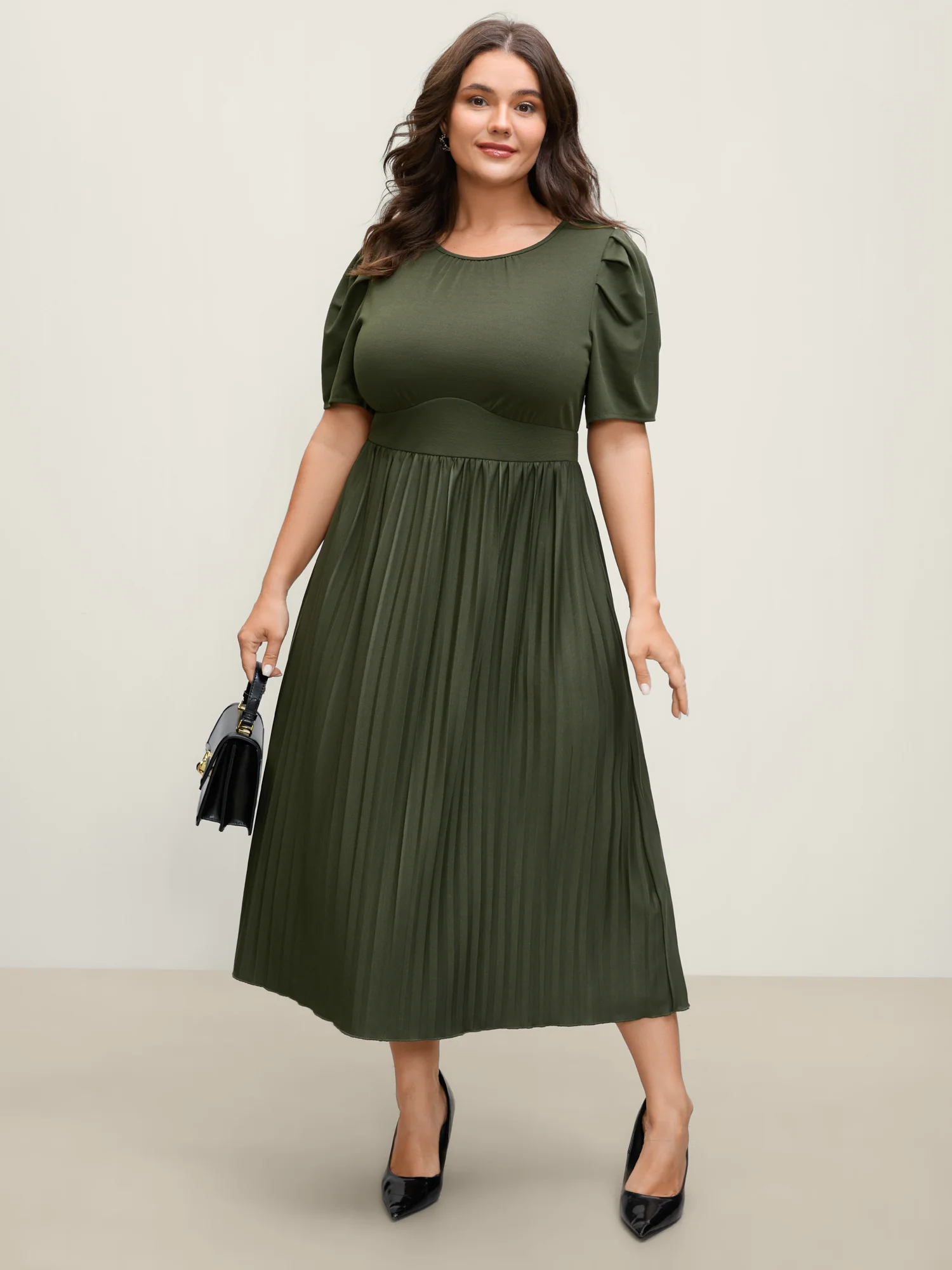 Pleated Skirt Triangular Waist Midi Dress - Image 3