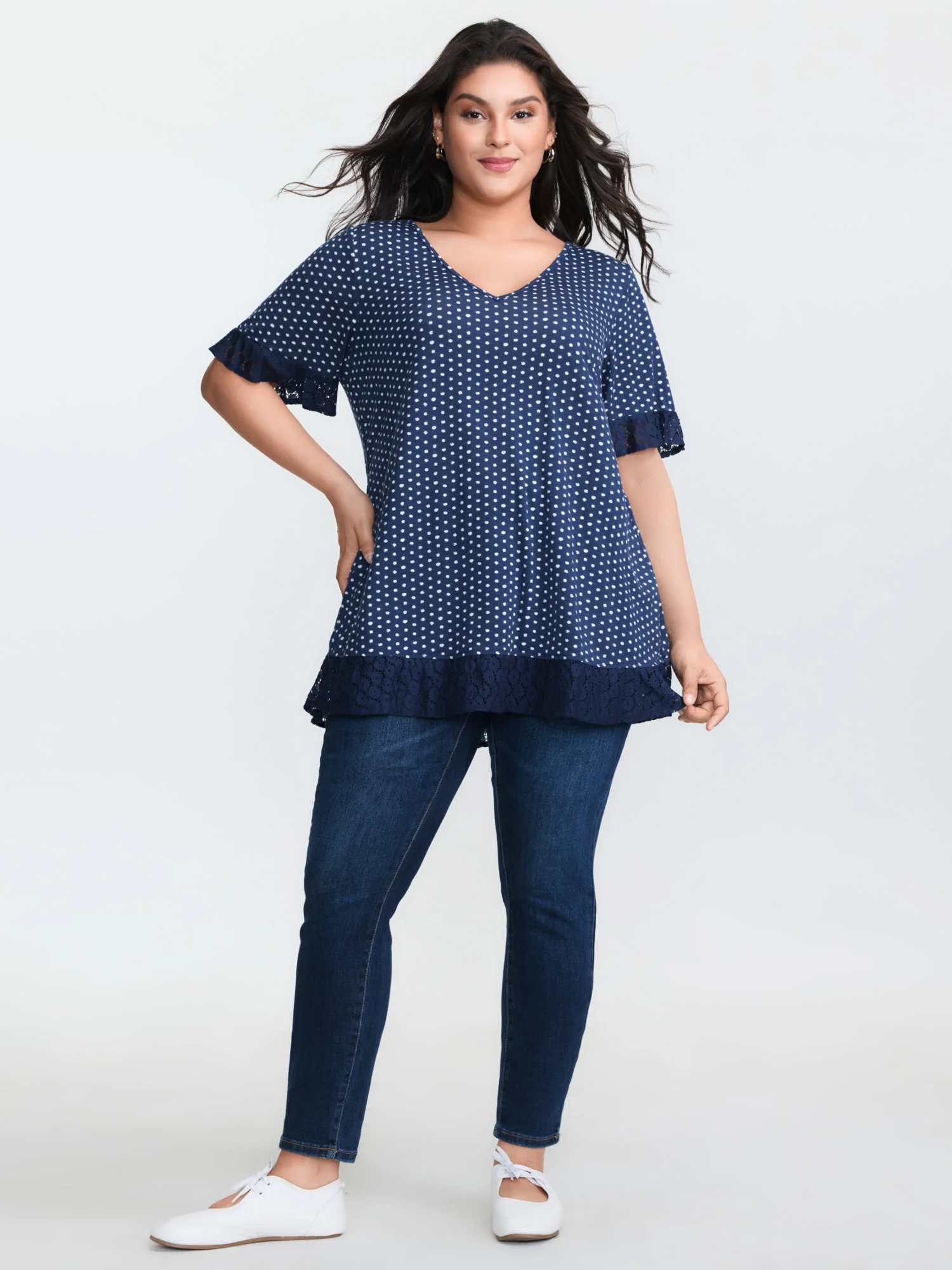 Polka Dots Print Lace Trim Knit Top - Image 3