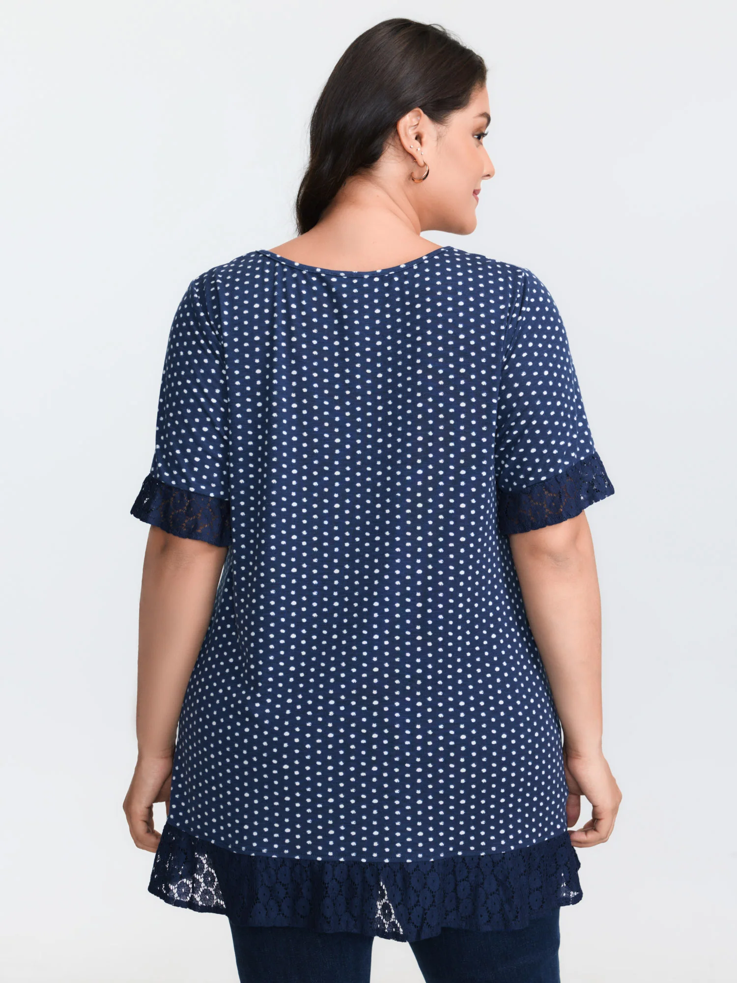 Polka Dots Print Lace Trim Knit Top - Image 4