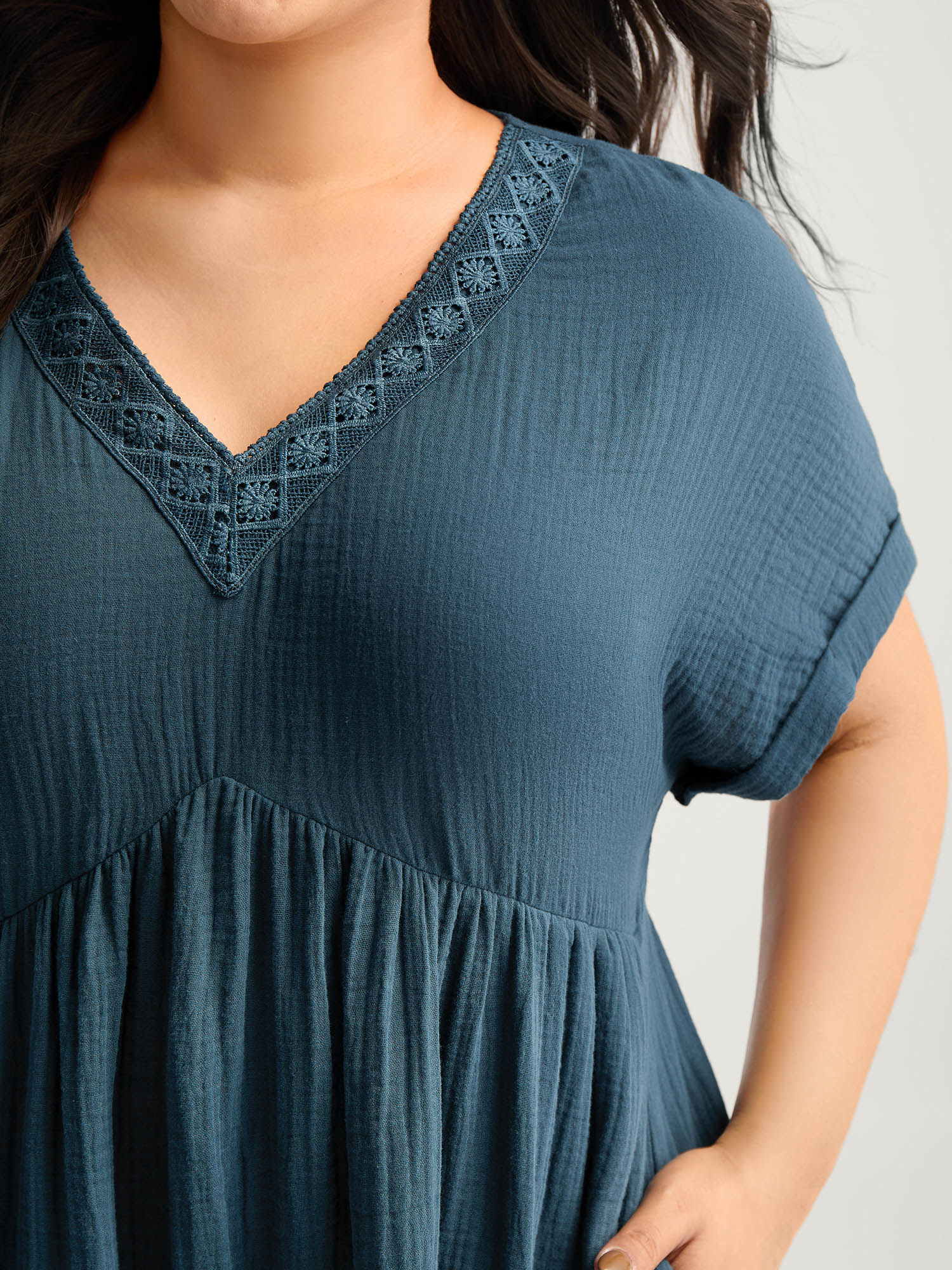 Pure Cotton Lace V-Neck Solid Mini Dress - Image 2