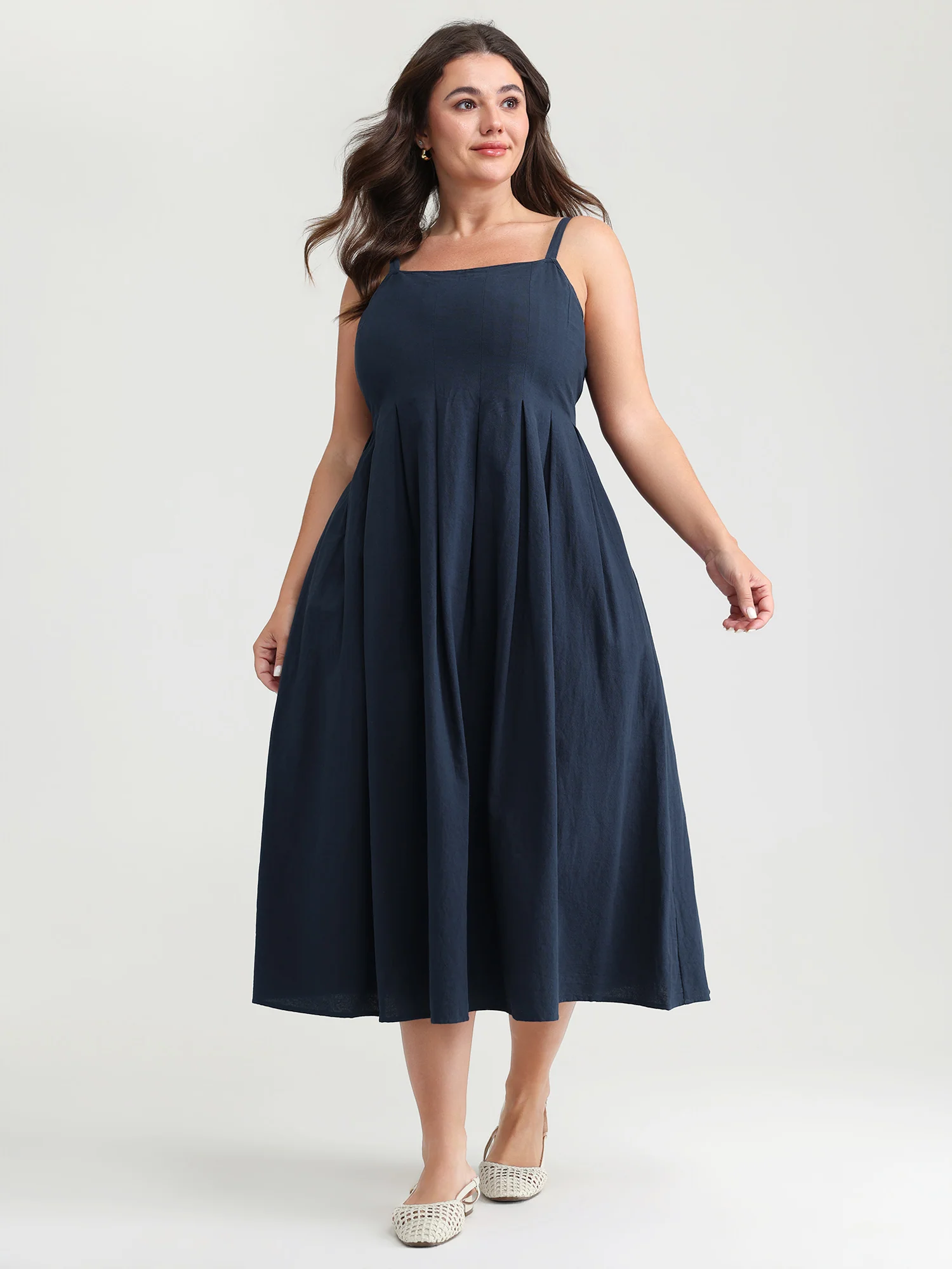 Pure Cotton Pleated Adjustable Midi Dress - Image 3