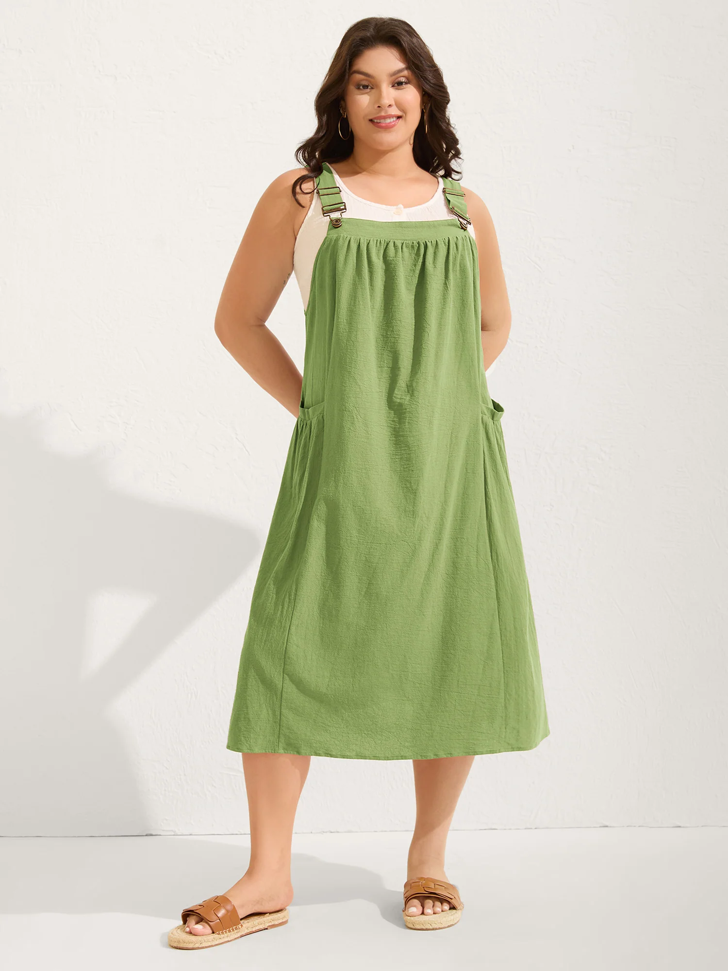 Pure Cotton Pleated Pockets Midi Dress - Image 18