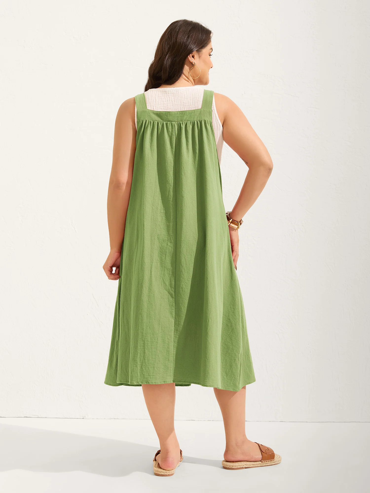 Pure Cotton Pleated Pockets Midi Dress - Image 19