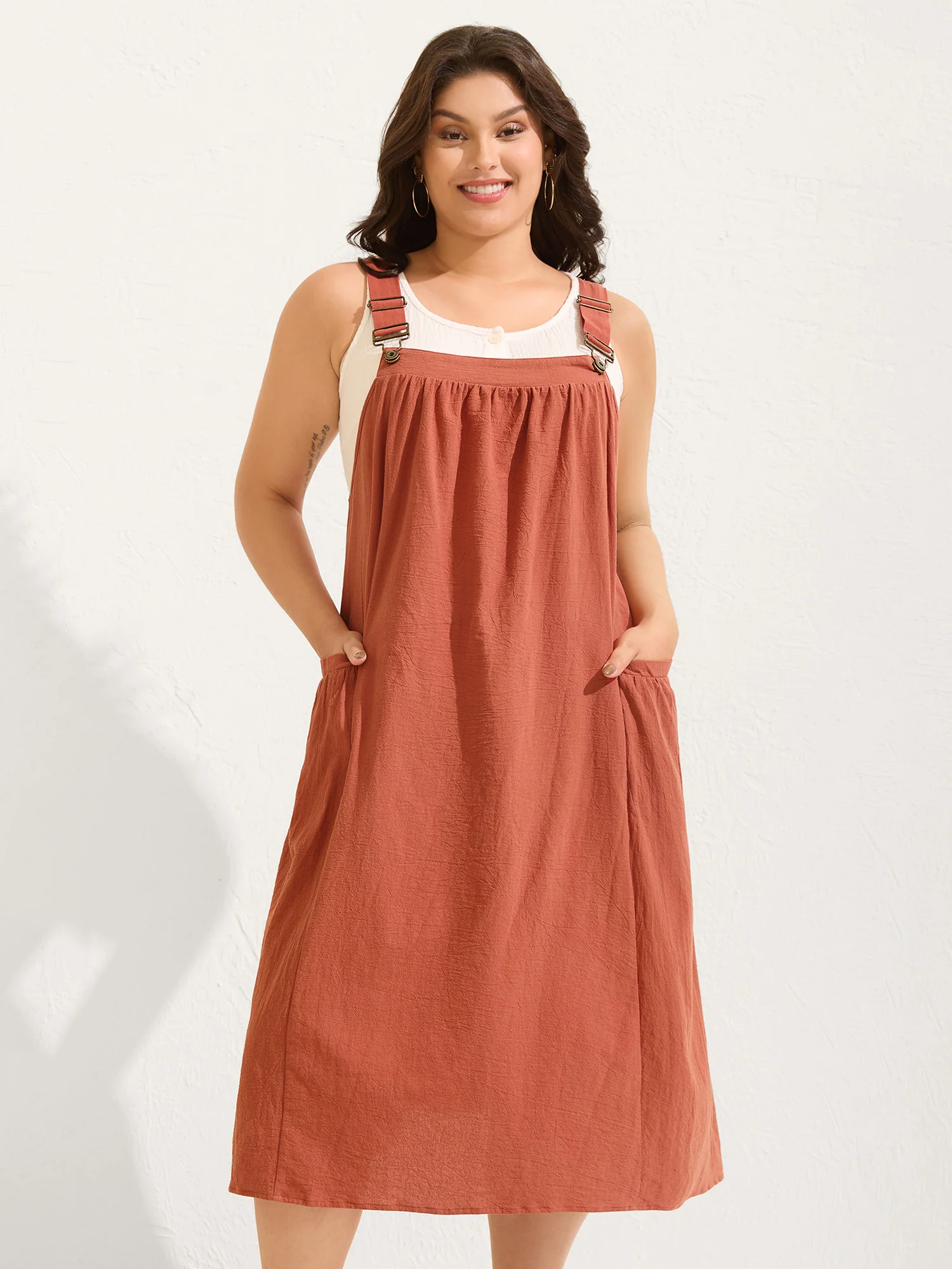 Pure Cotton Pleated Pockets Midi Dress - Image 28