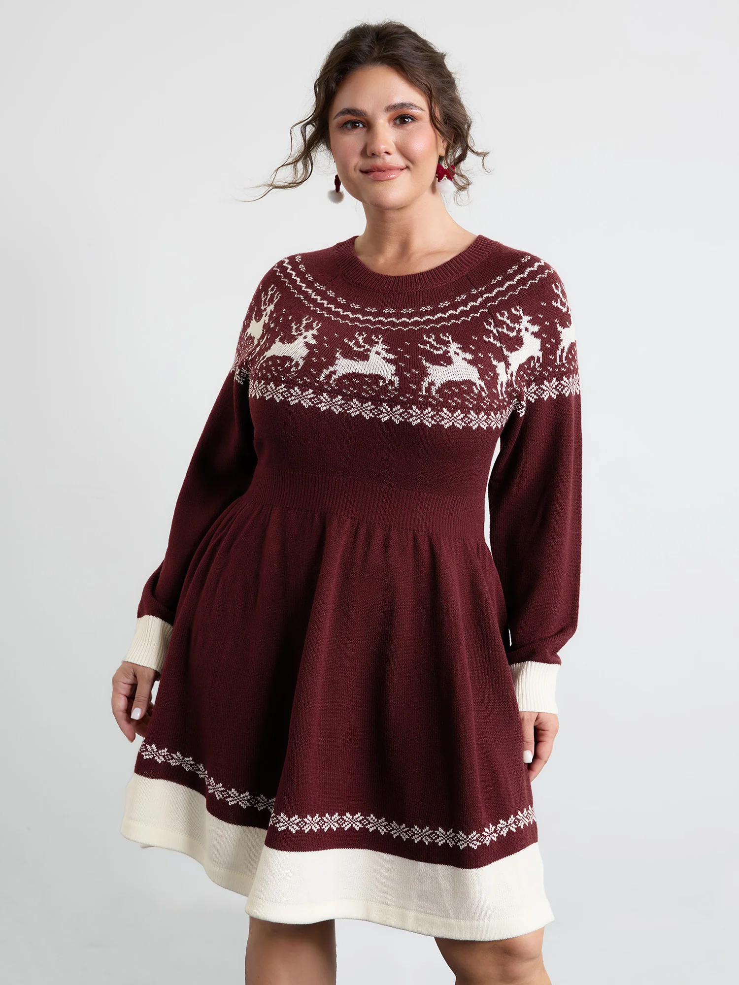 Reindeer Print Cinched-Waist Sweater Mini Dress - Image 13