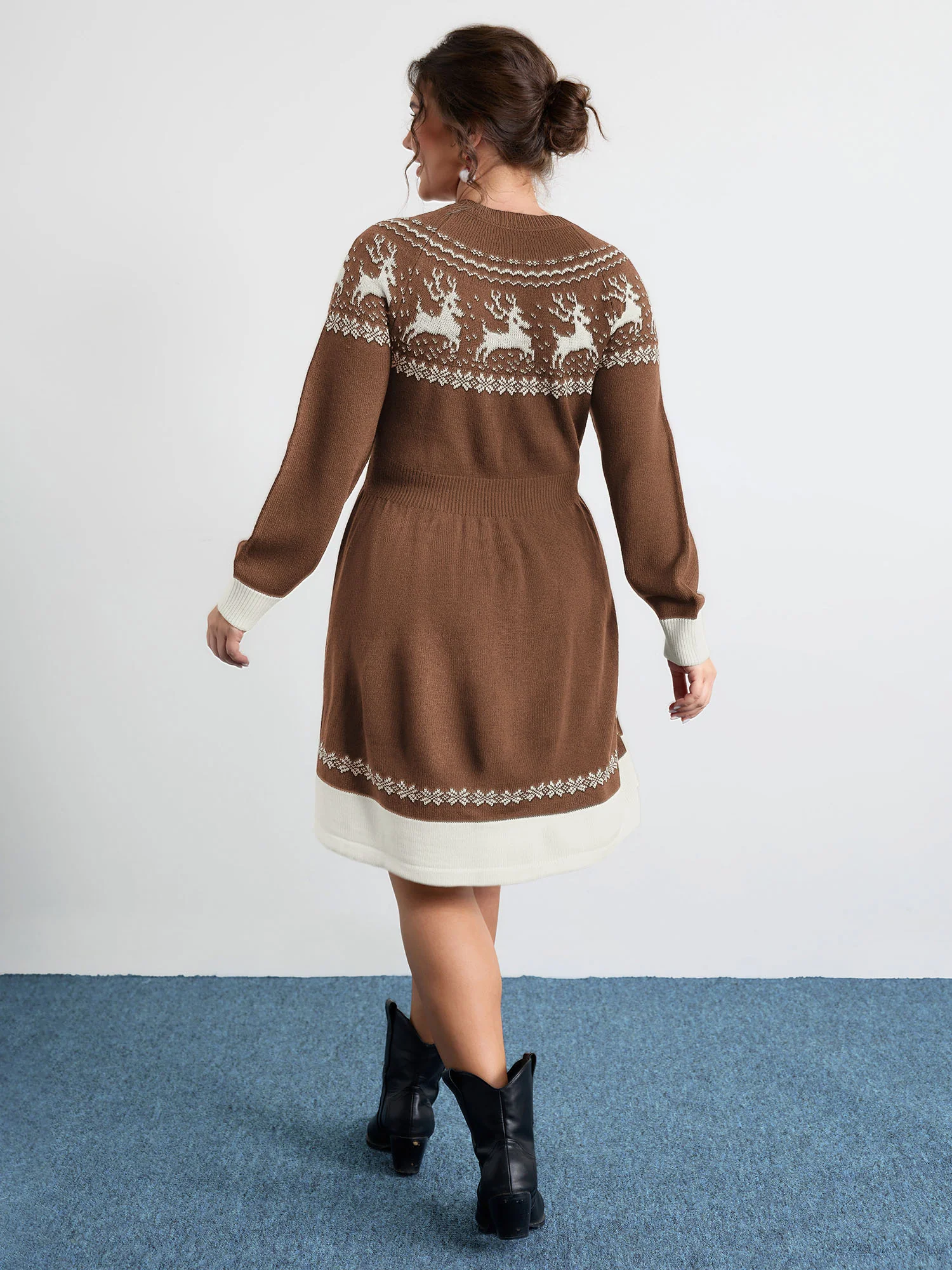 Reindeer Print Cinched-Waist Sweater Mini Dress - Image 8
