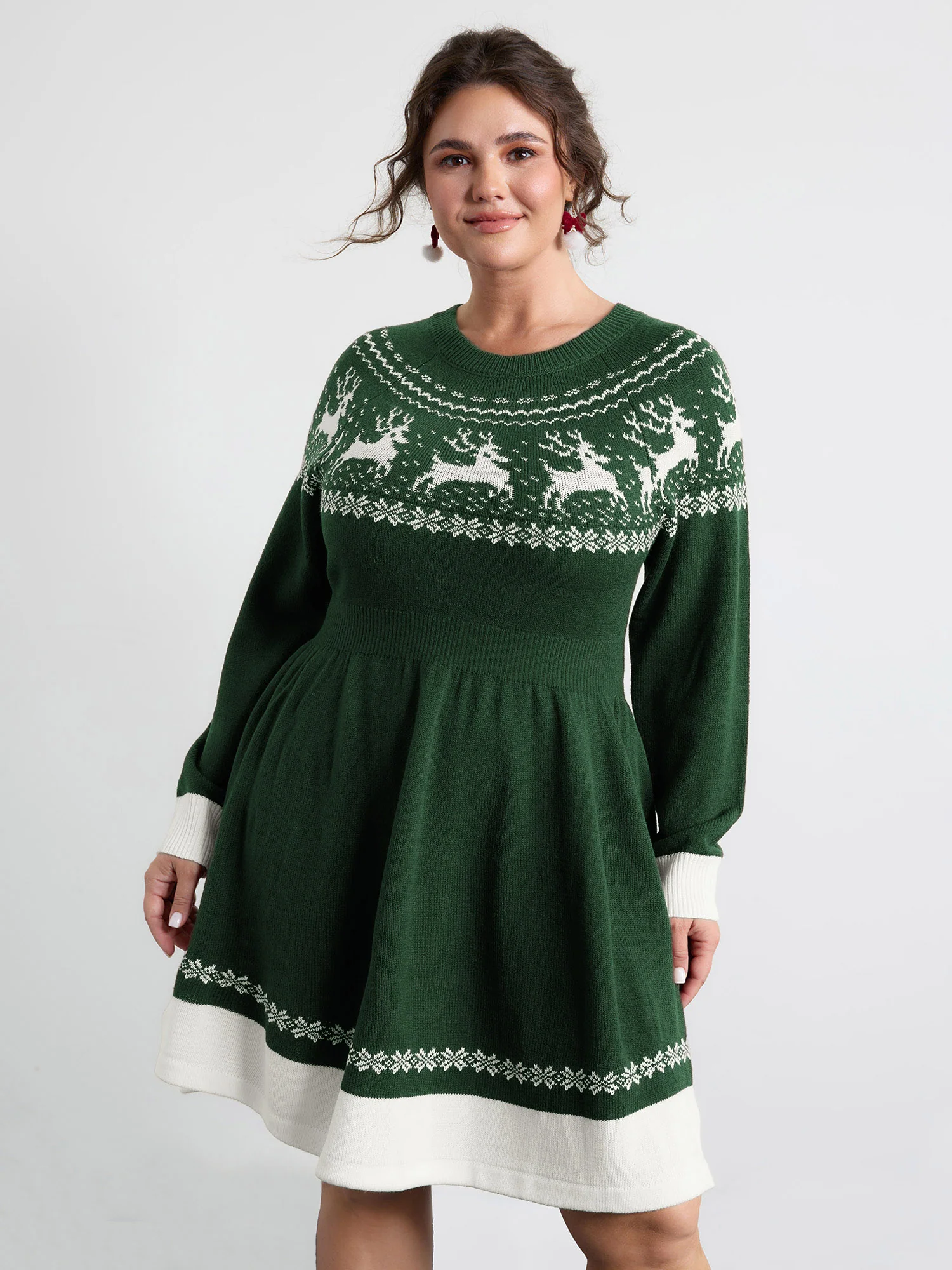 Reindeer Print Cinched-Waist Sweater Mini Dress - Image 9