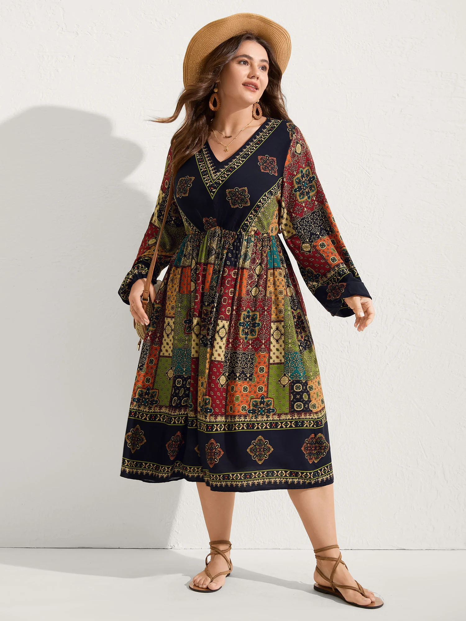 Retro Colorful Print V-Neck Midi Dress - Image 3