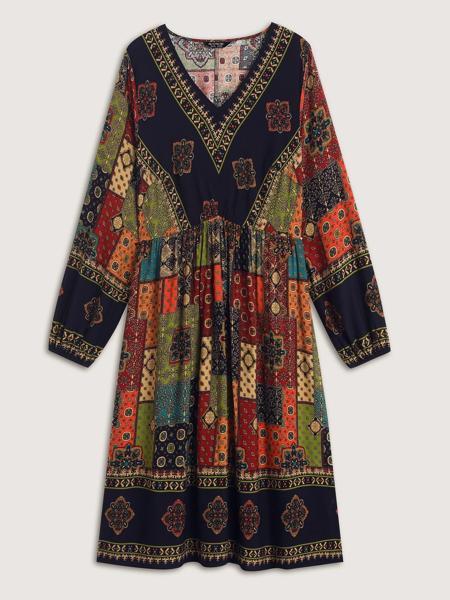 Retro Colorful Print V-Neck Midi Dress - Image 5