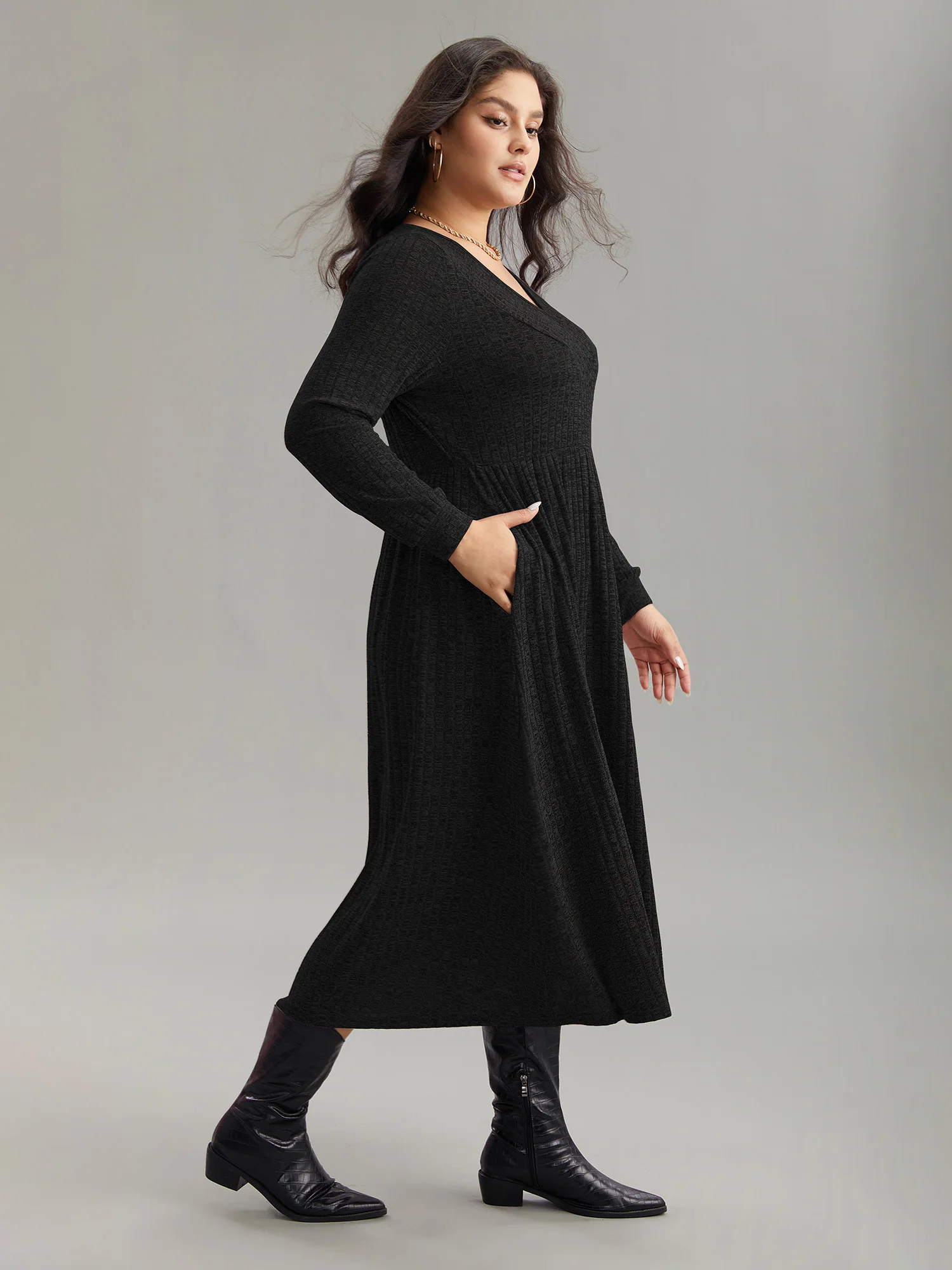Rib Knit Plain Plisse Long Sleeve Dress - Image 21