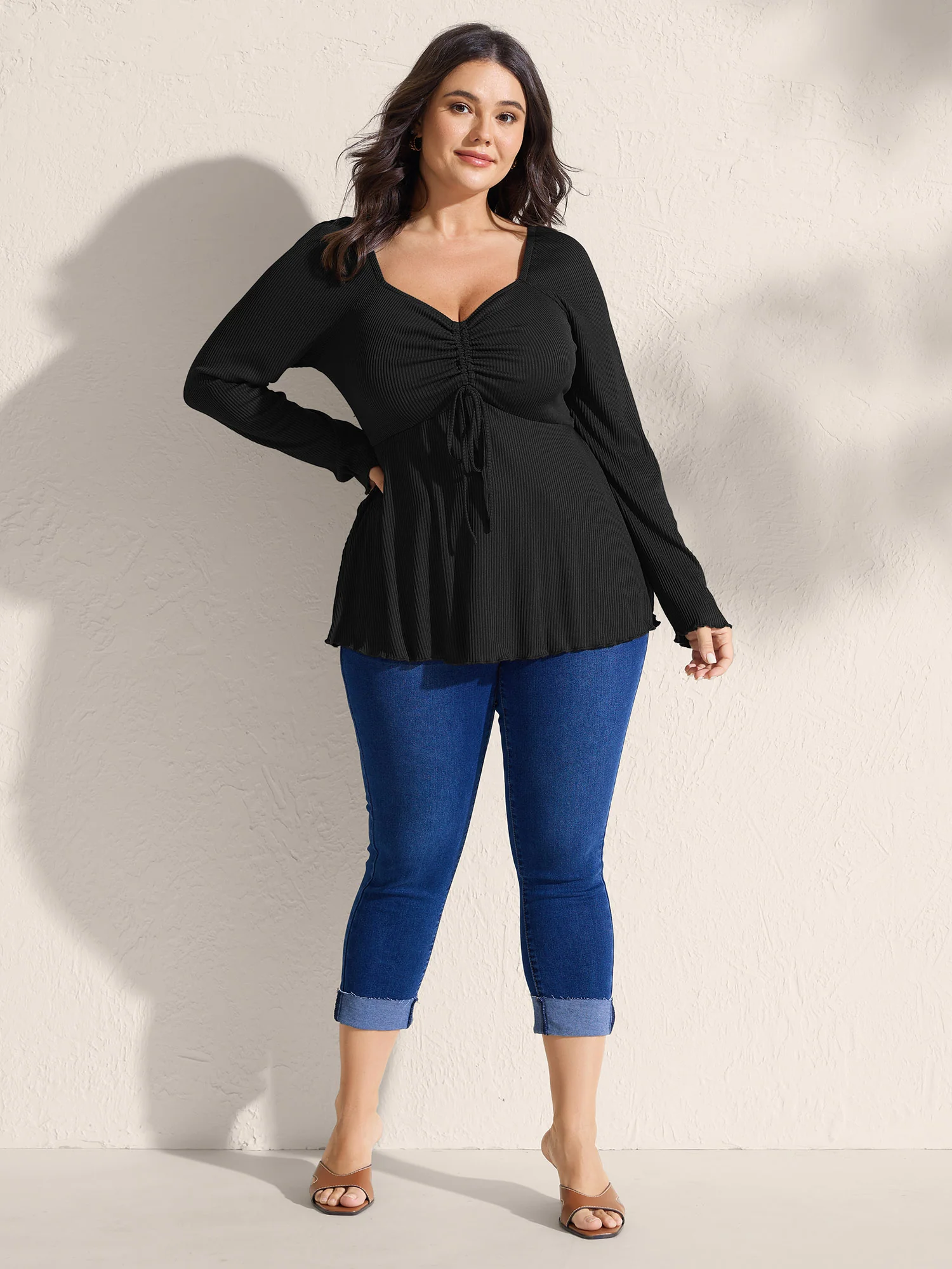 Ribbed Adjustable Drawstring Bodice Flared T-Shirt - Image 3