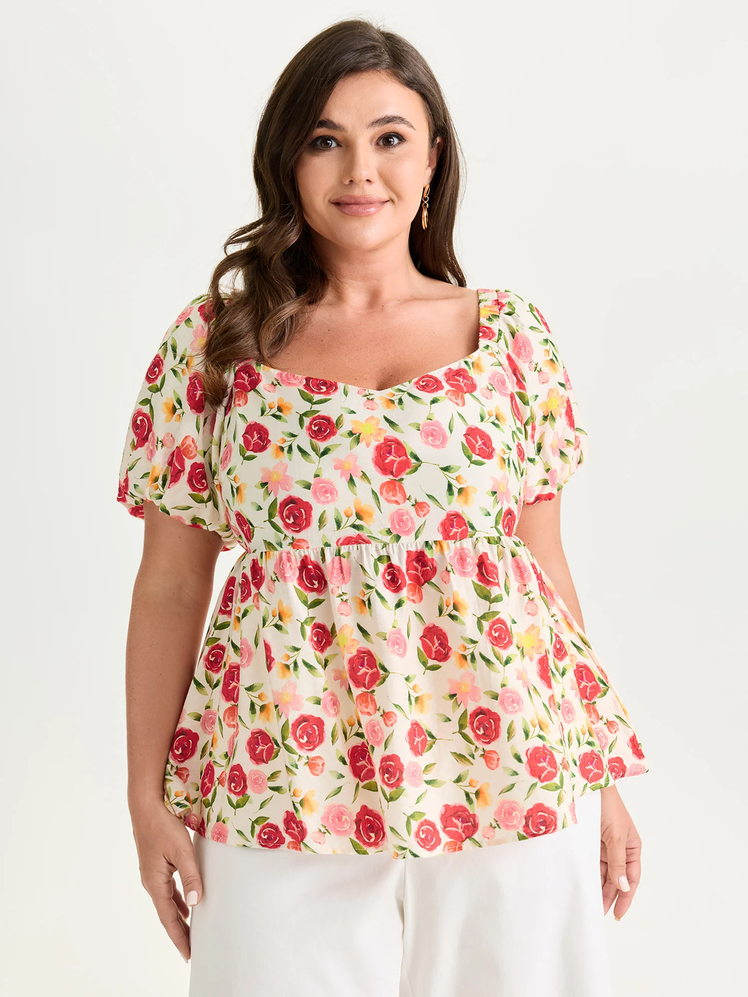 Rose Print Bubble Sleeve Babydoll Blouse - Image 2