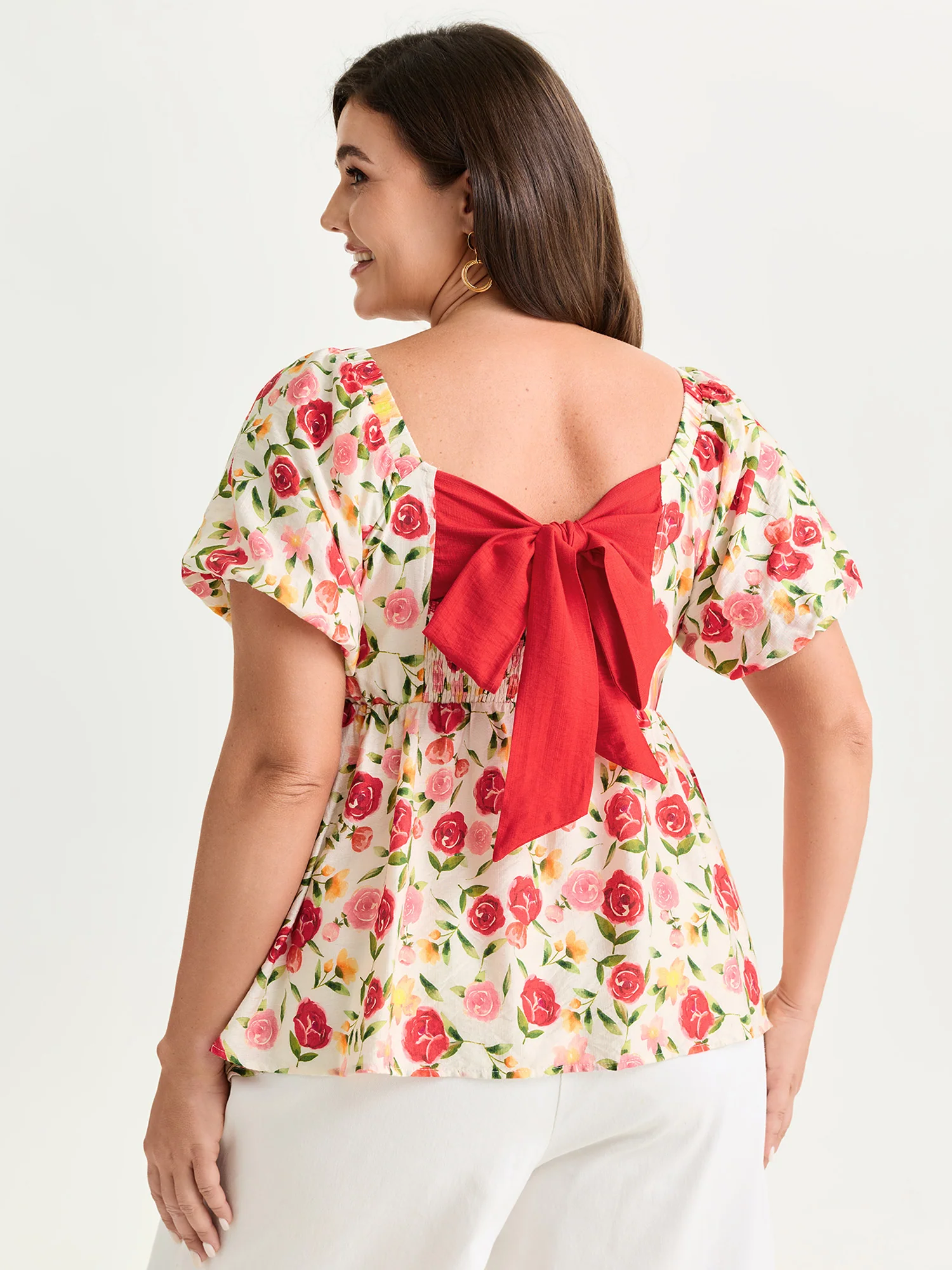 Rose Print Bubble Sleeve Babydoll Blouse - Image 5