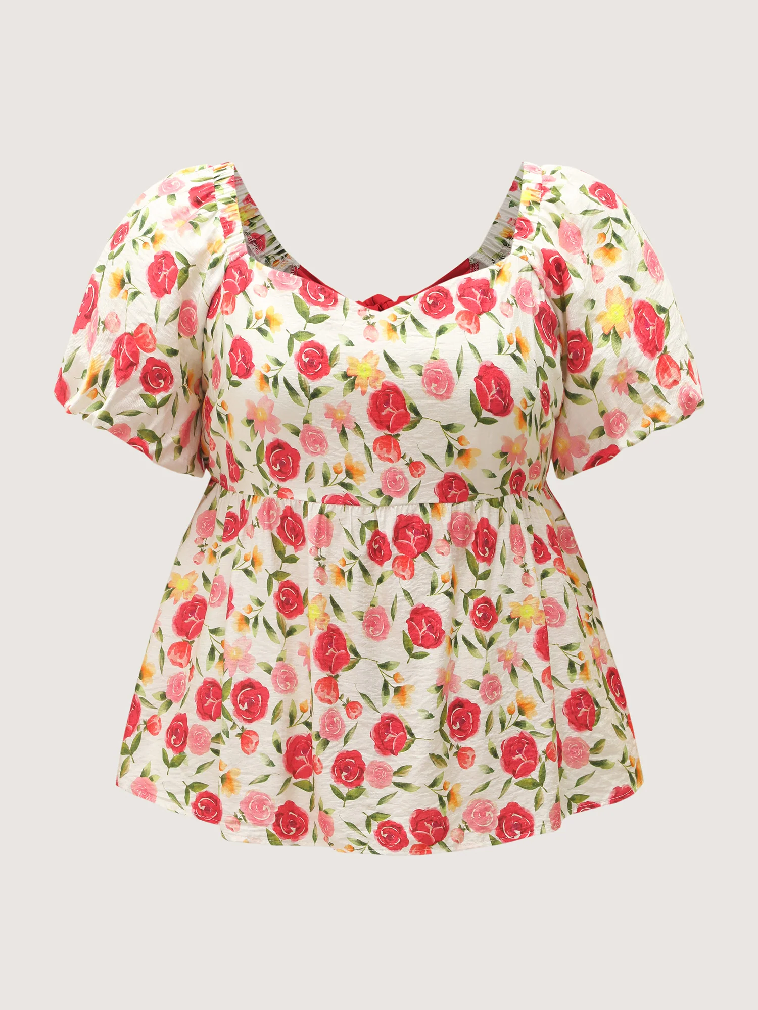 Rose Print Bubble Sleeve Babydoll Blouse - Image 8