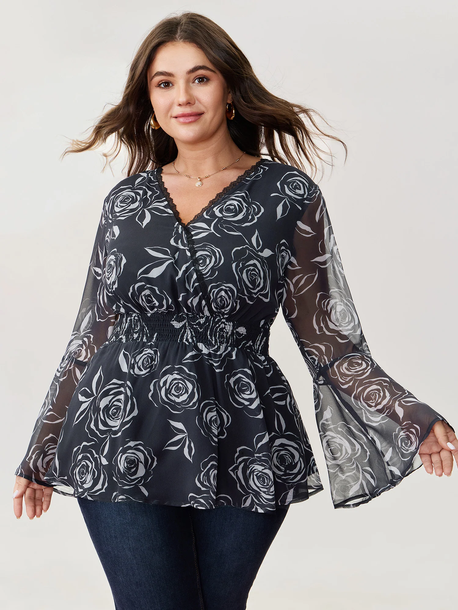 Rosy Romance Cinched Flared Blouse