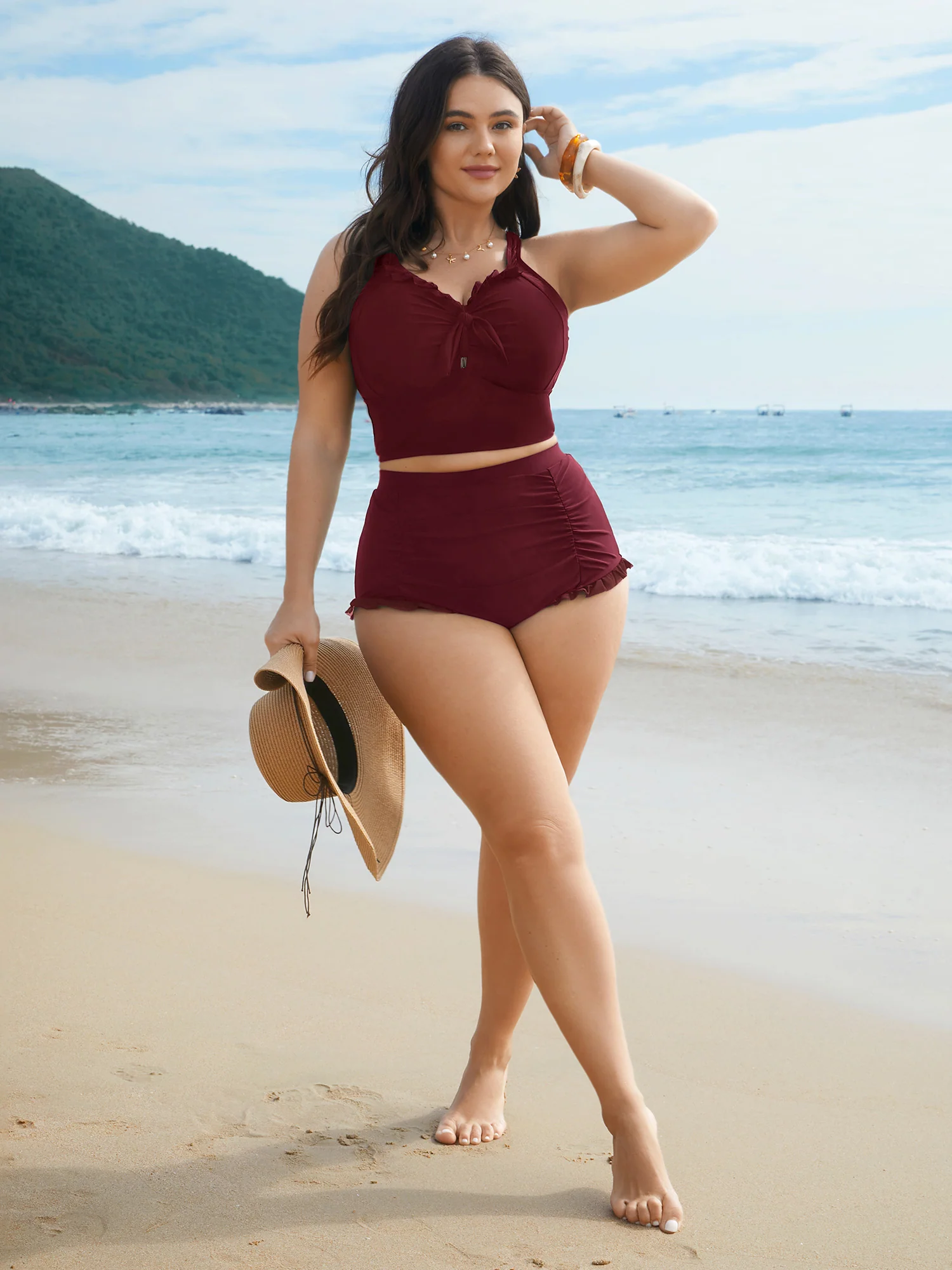 Ruched Mesh Seamed Ruffle Trim Bikini Bottoms - Image 12