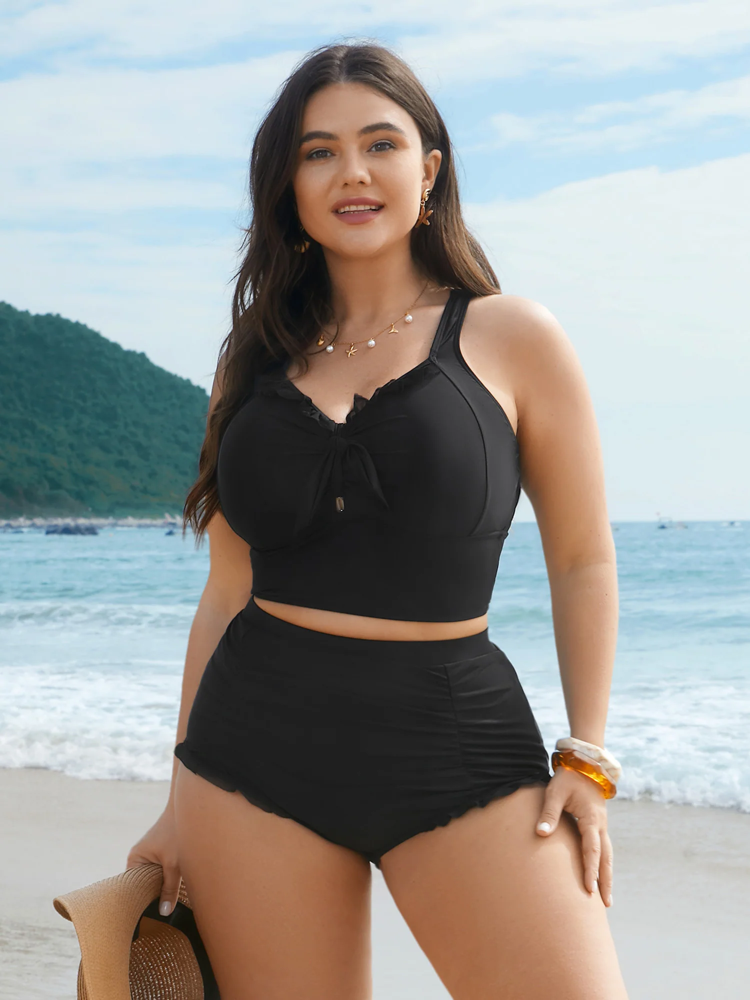 Ruched Mesh Seamed Ruffle Trim Bikini Bottoms - Image 4