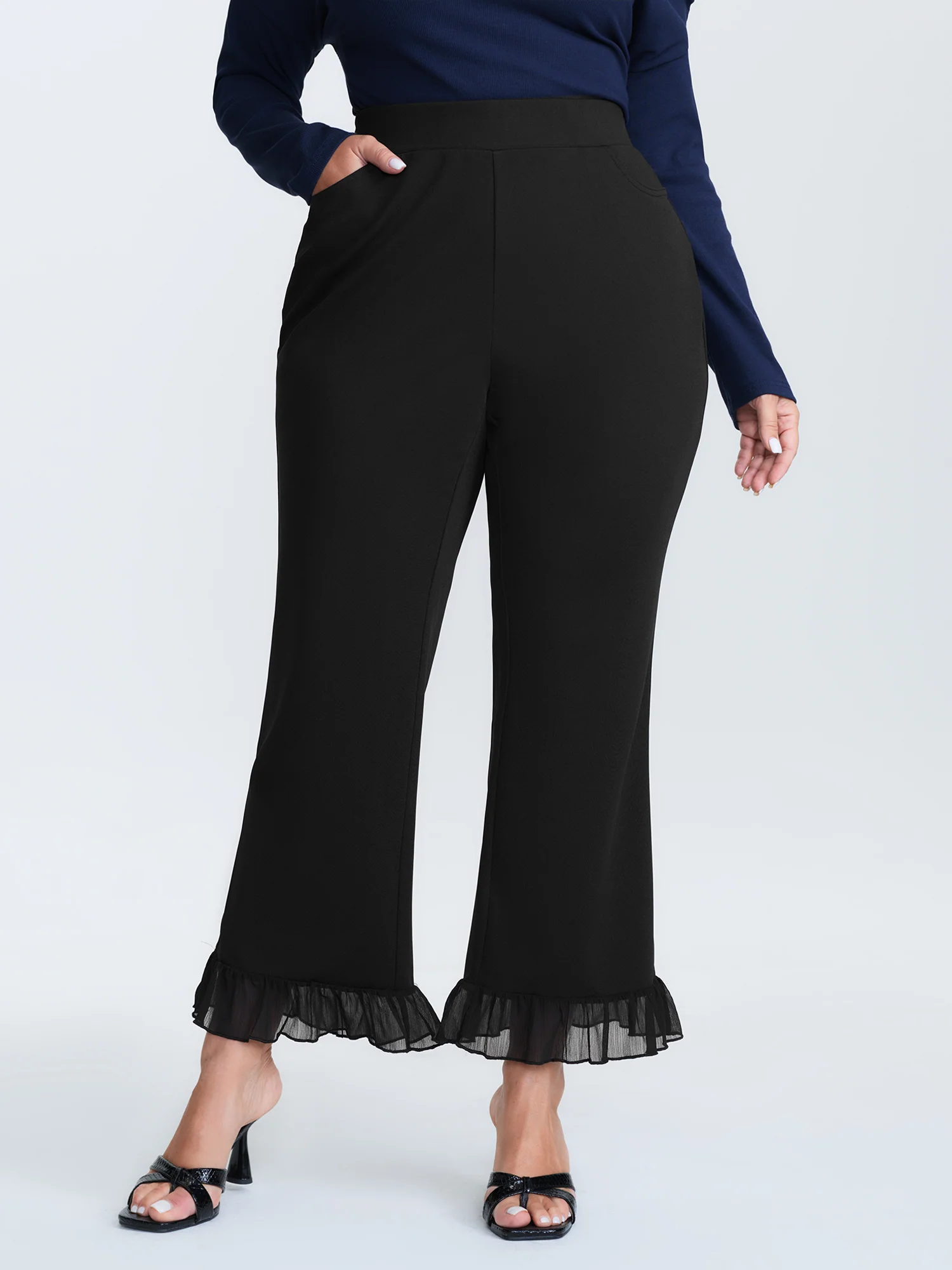 Ruffled Flared Hem Plain Pants