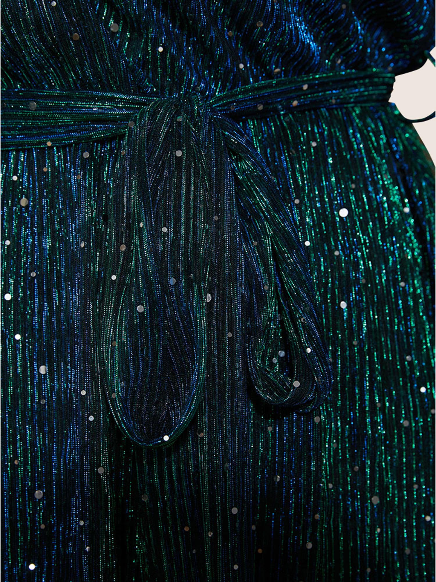Sequin Mesh Lantern Sleeve Wrap Belted Striped Blouse - Image 10