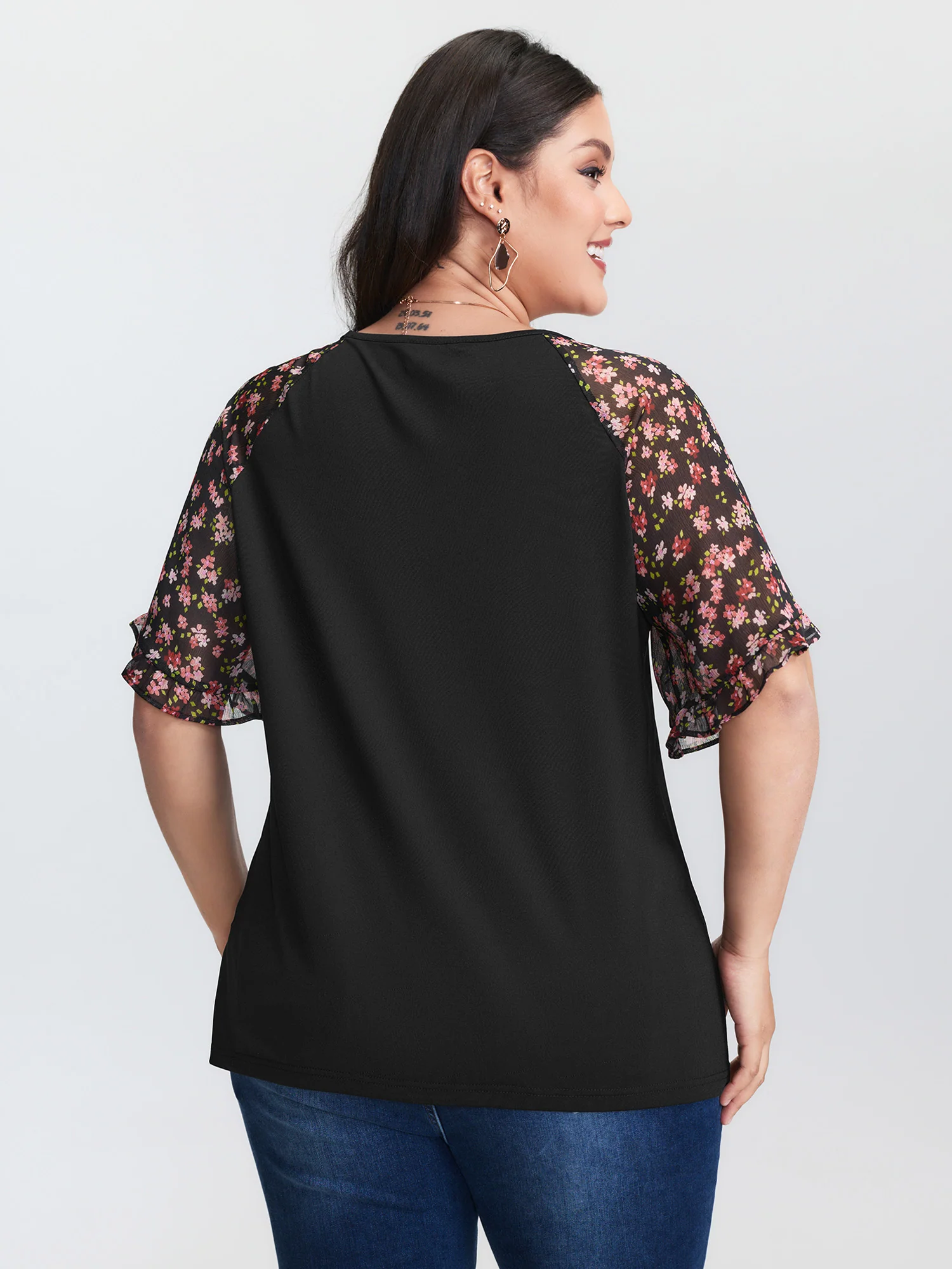 Sheer Floral Print Ruffled Cuff Sleeve Top - Image 4