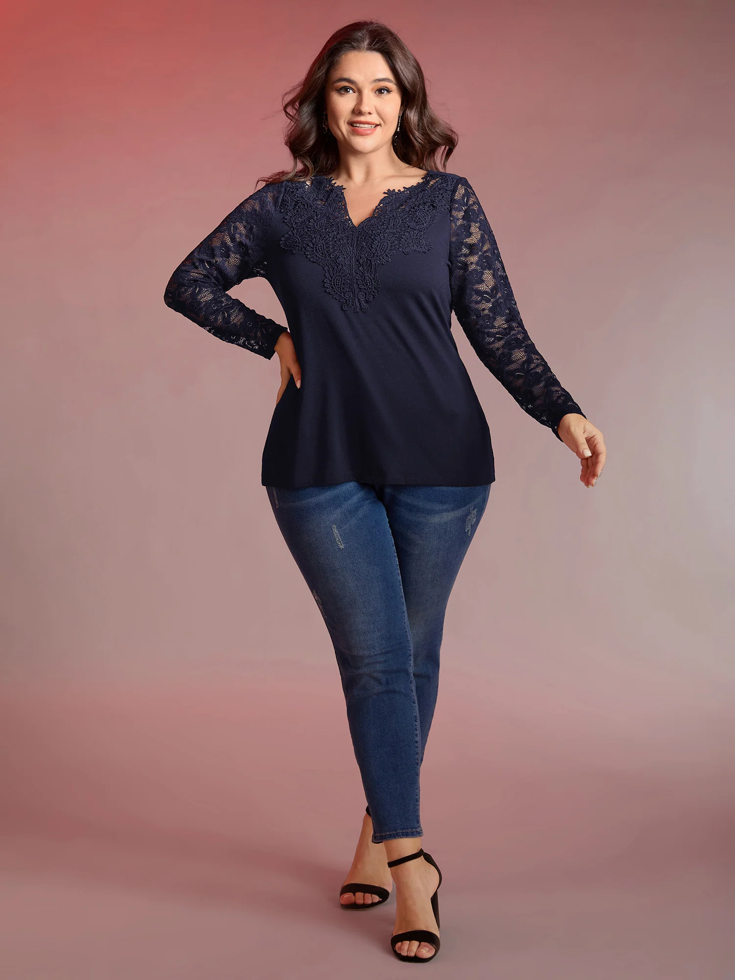 Sheer Lace Fitted Solid T-Shirt - Image 10