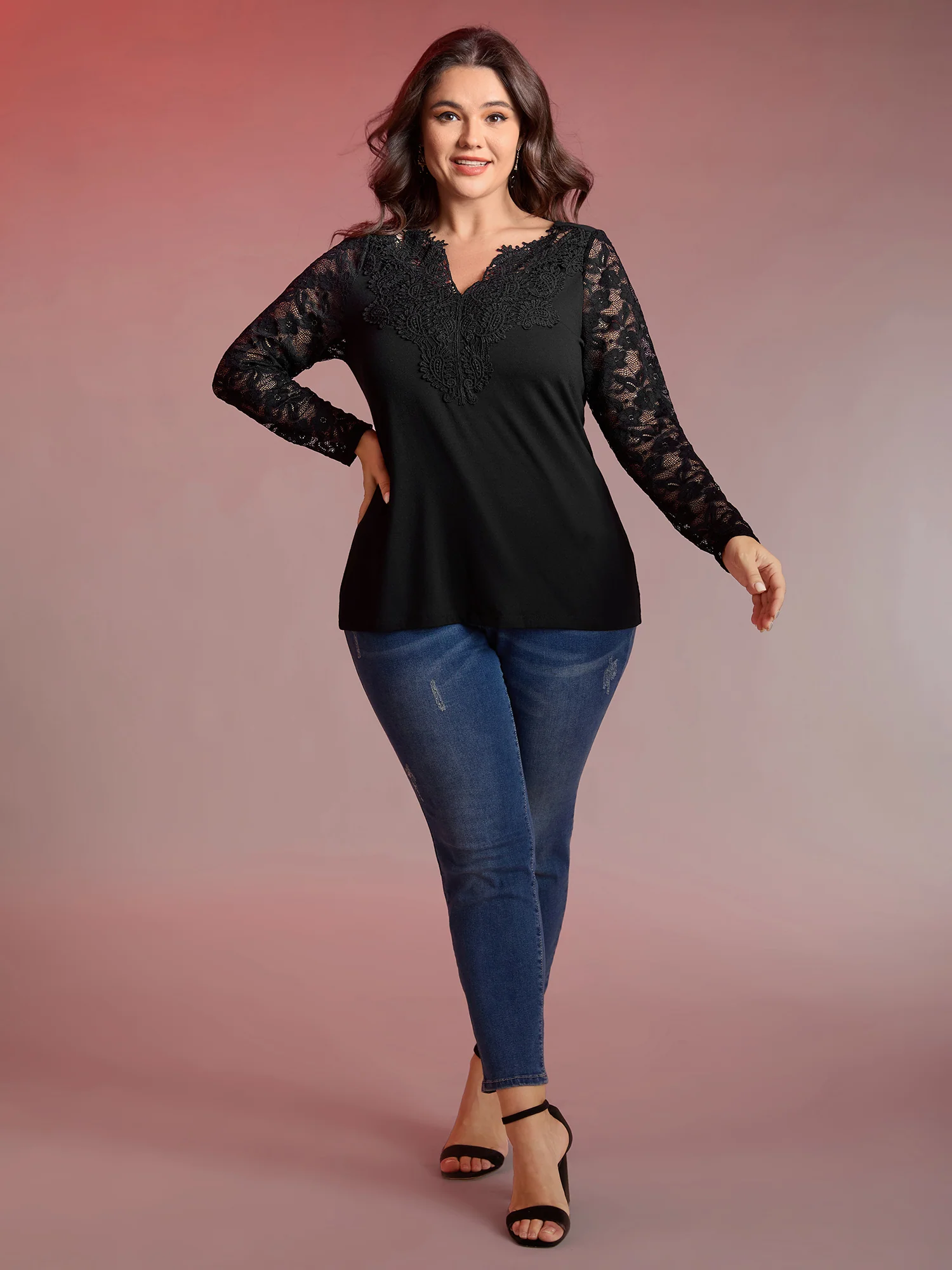 Sheer Lace Fitted Solid T-Shirt - Image 3