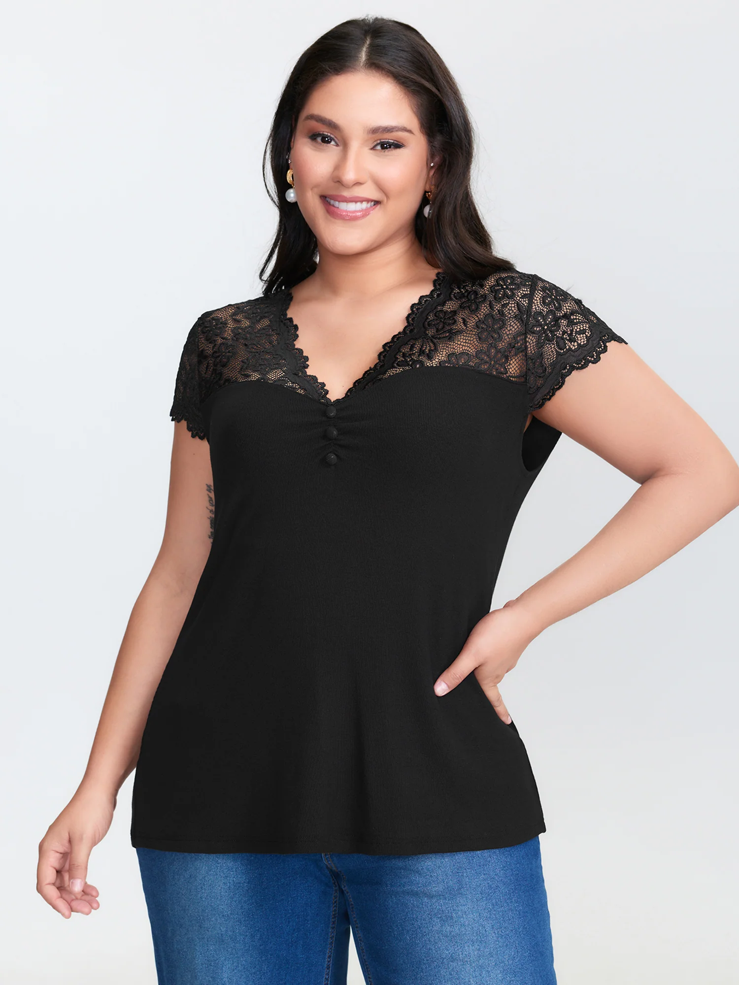 Sheer Lace Neckline Shirred Knit Top - Image 2