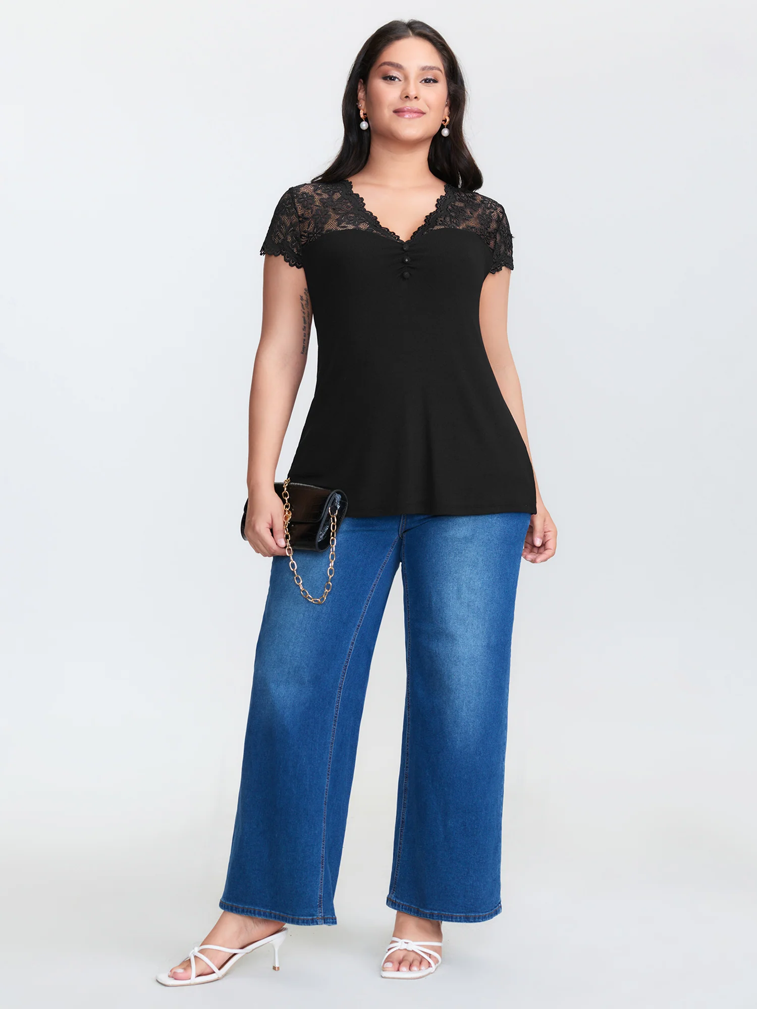 Sheer Lace Neckline Shirred Knit Top - Image 3