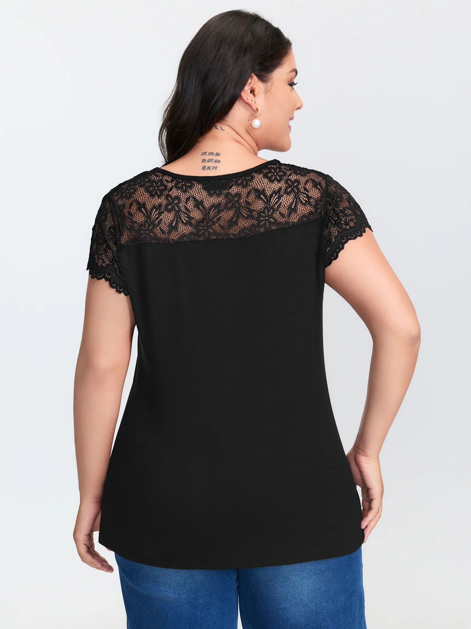 Sheer Lace Neckline Shirred Knit Top - Image 4